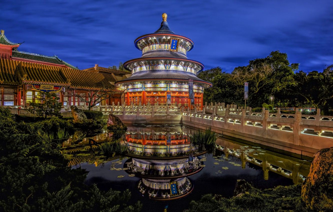 Wallpaper bridge, pond, Park, reflection, FL, Orlando, Disney World, Orlando, Florida, Temple Of Heaven, Walt Disney World, Disney world, Epcot, Temple of Heaven, China Pavilion, The Chinese pavilion image for desktop, section
