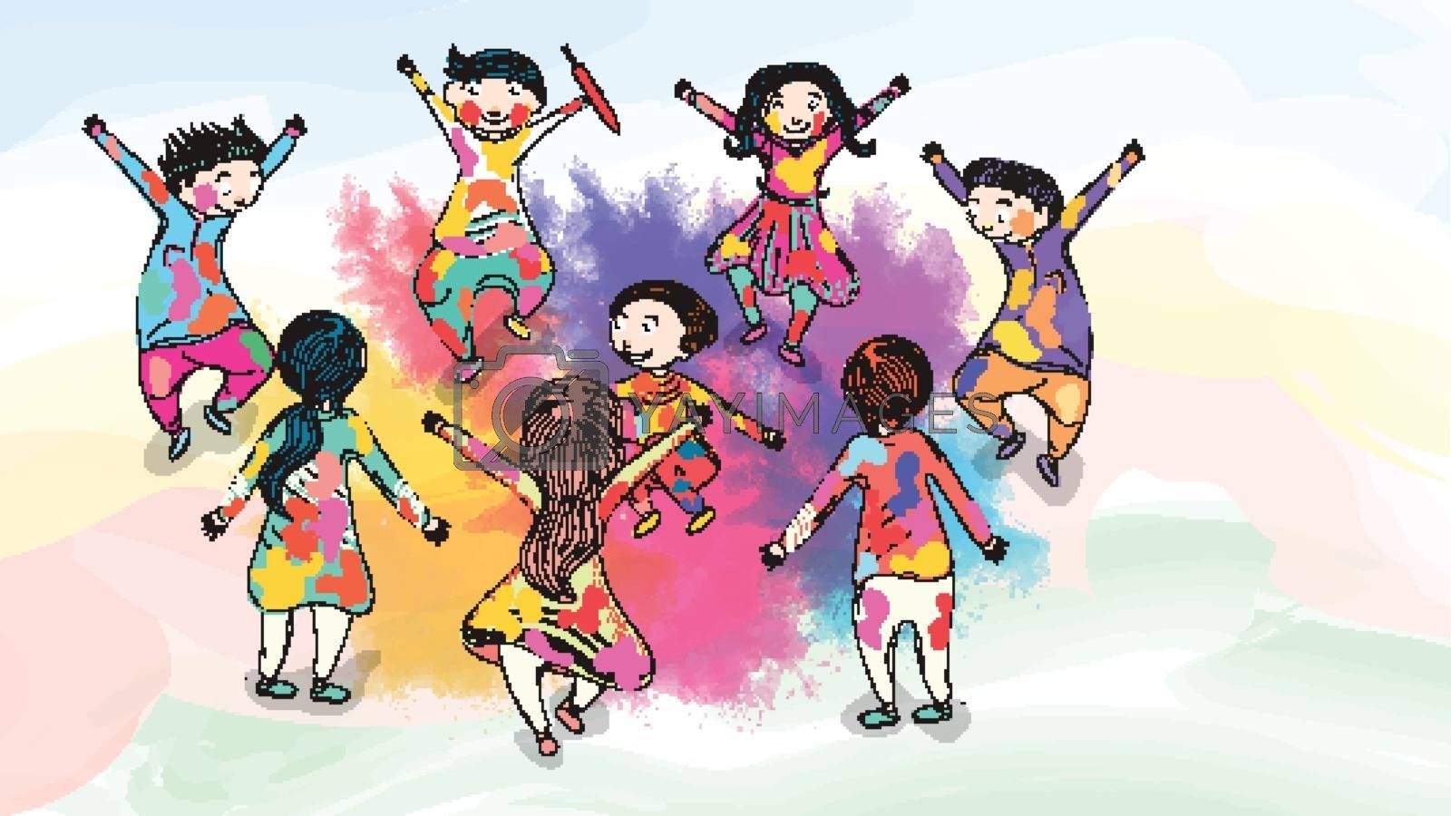 Happy kids character celebrating holi festival on color splash b Royalty Free Stock Image. , Royalty Free Image, Vectors, Footage