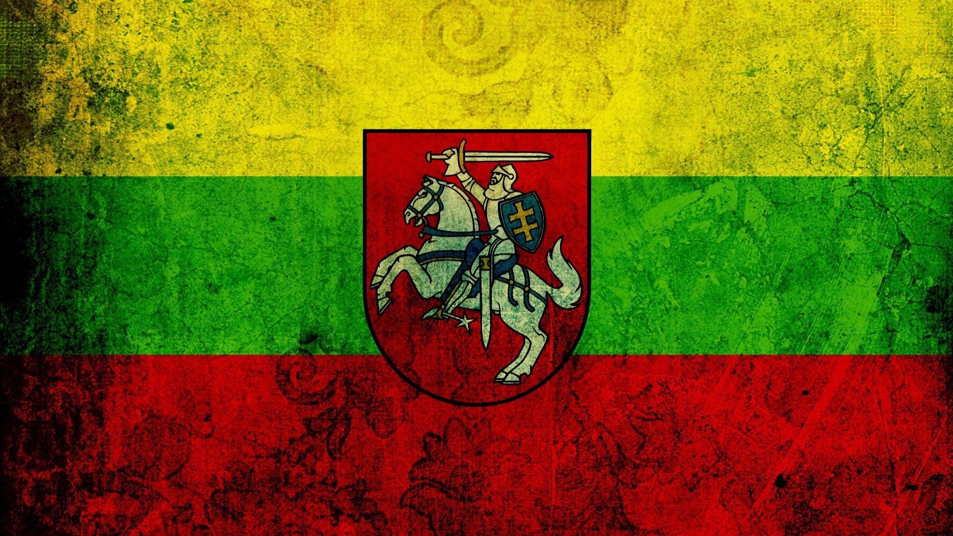 Wallpaper, illustration, red, text, green, flag, texture, Lithuania, coat of arms, horseman, ART, color, number, computer wallpaper, modern art, font 1920x1080