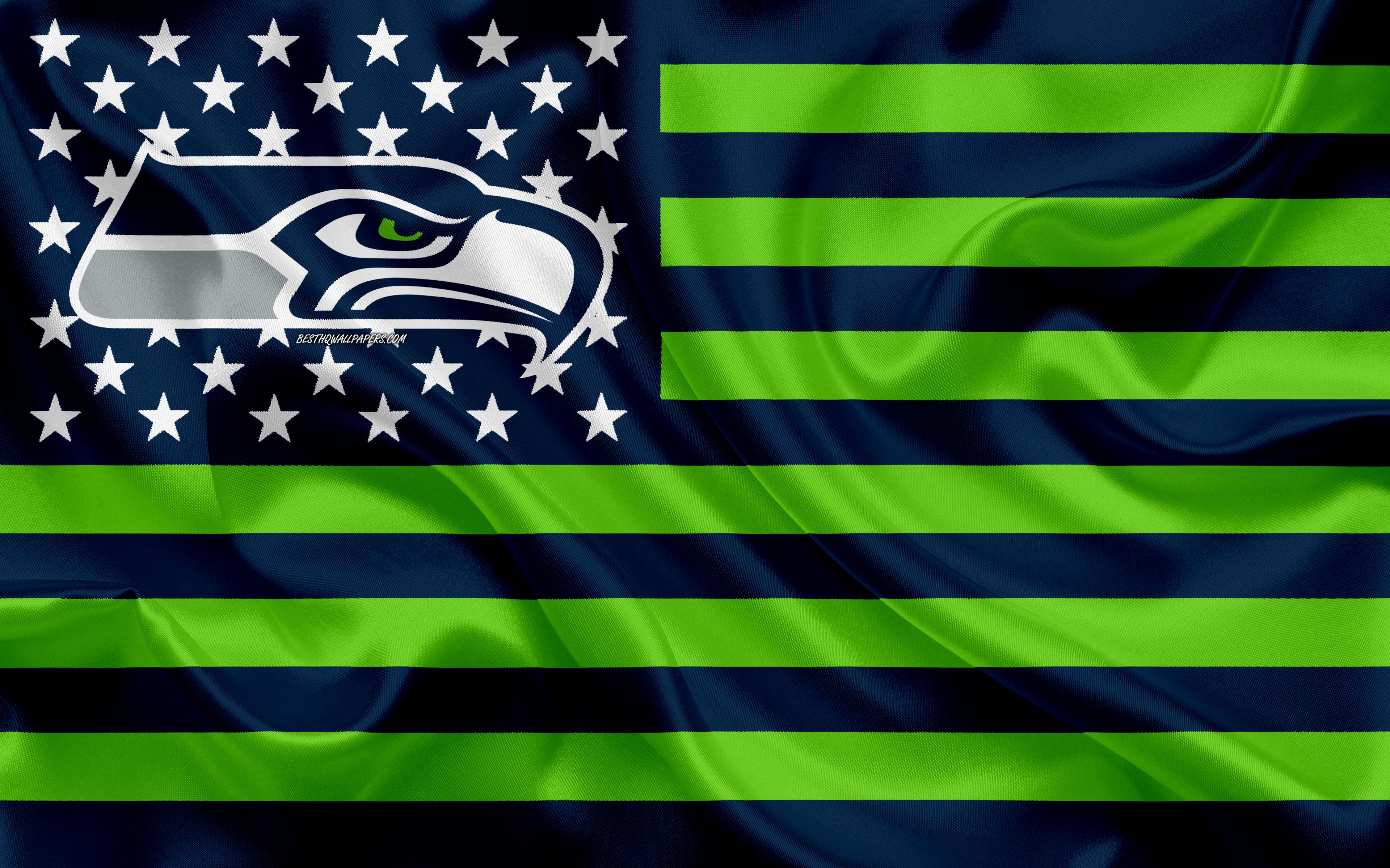 Download wallpaper Seattle Seahawks, American football team, creative American flag, blue green flag, NFL, Seattle, WA, USA, logo, emblem, silk flag, National Football League, American football for desktop with resolution 3840x2400. High