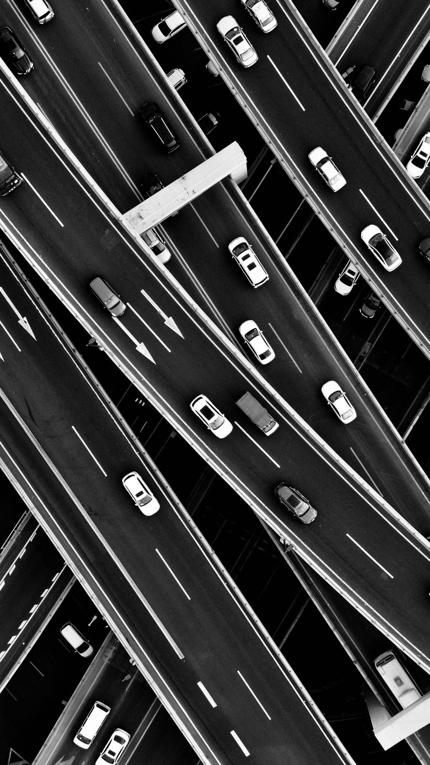 aerial grayscale photography of cars in the street. moto z2 force Wallpaper Download