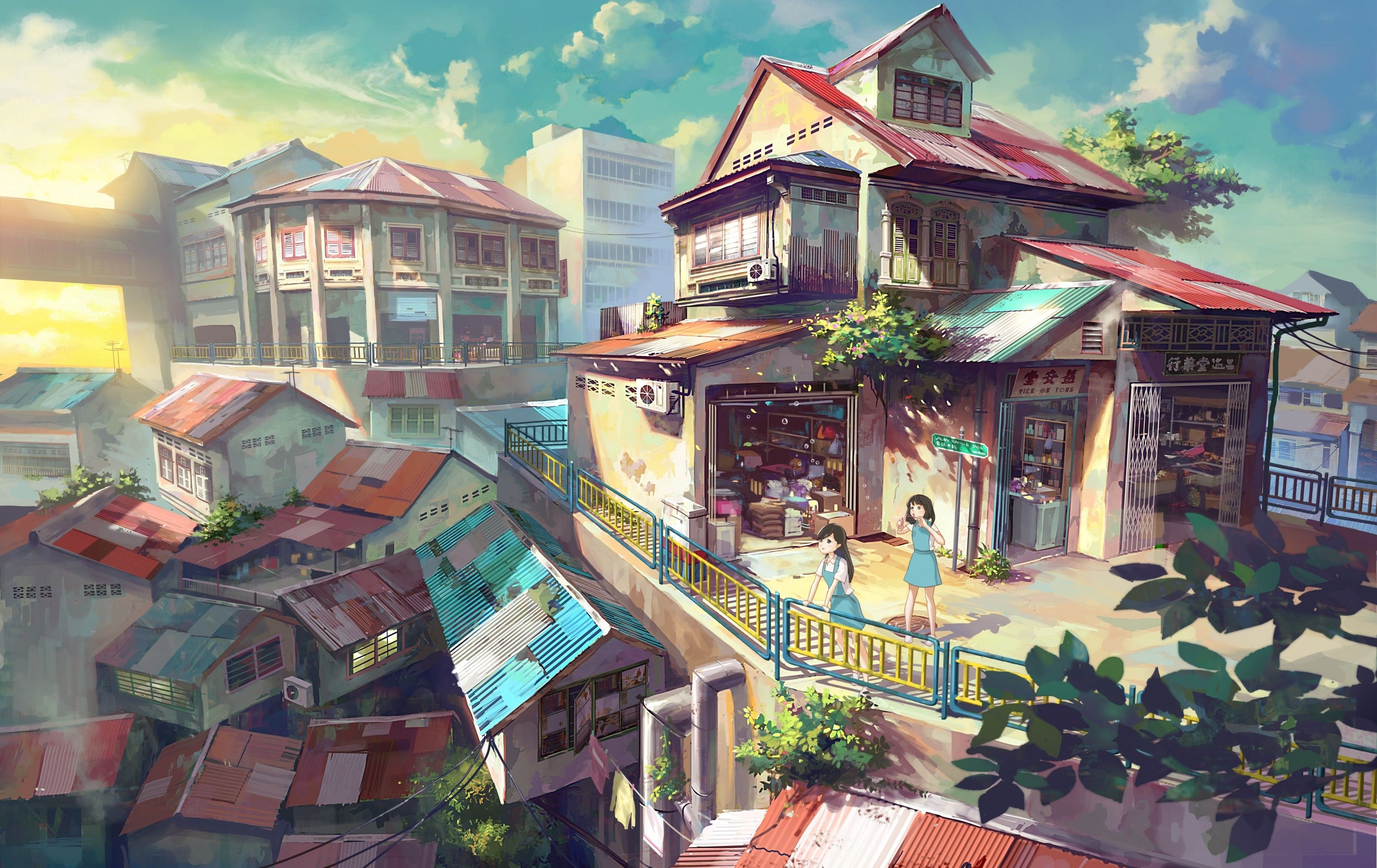 Download 3278x2067 Anime Buildings, Summer, Girls, Clouds, Artwork, Sunset, Scenic Wallpaper
