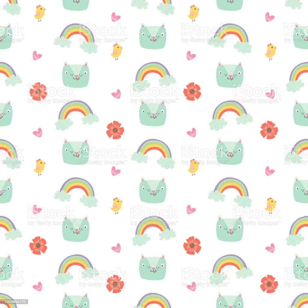 Unique Vector Easter Seamless Pattern With Cute Clipart Cat Rainbow Chicken Poppy Flower Heart Cartoon Easter Repeating Tile With Spring Clip Art For Fabric Wrapping Paper Nursery Wallpaper Stock Illustration
