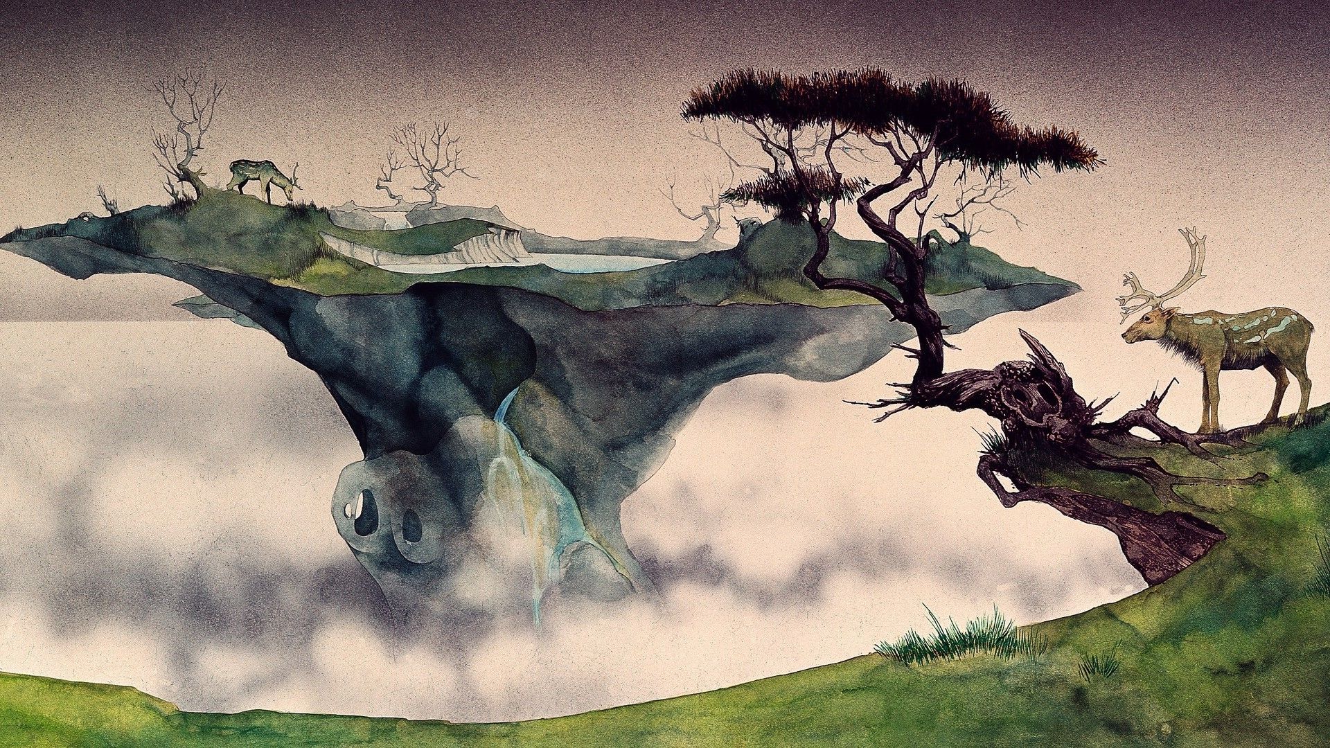 fantasy Art, Floating Island, Nature, Animals, Deer, Trees, Mist, Lake, Painting, Watercolor, Ink, Roger Dean Wallpaper HD / Desktop and Mobile Background