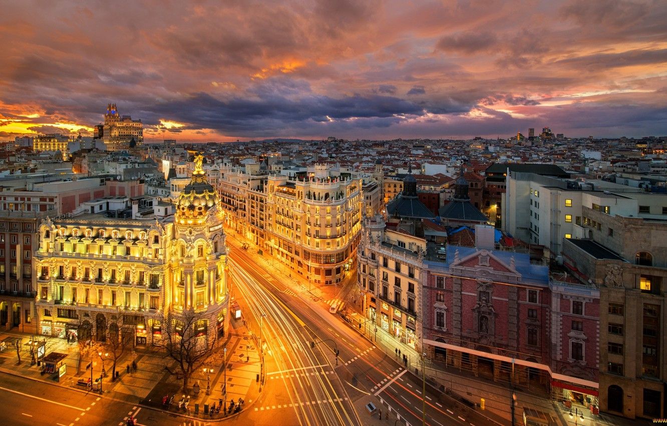 Wallpaper the city, lights, the evening, Europe, Spain, the view from the top, Europe, Spain, Madrid, Madrid image for desktop, section город