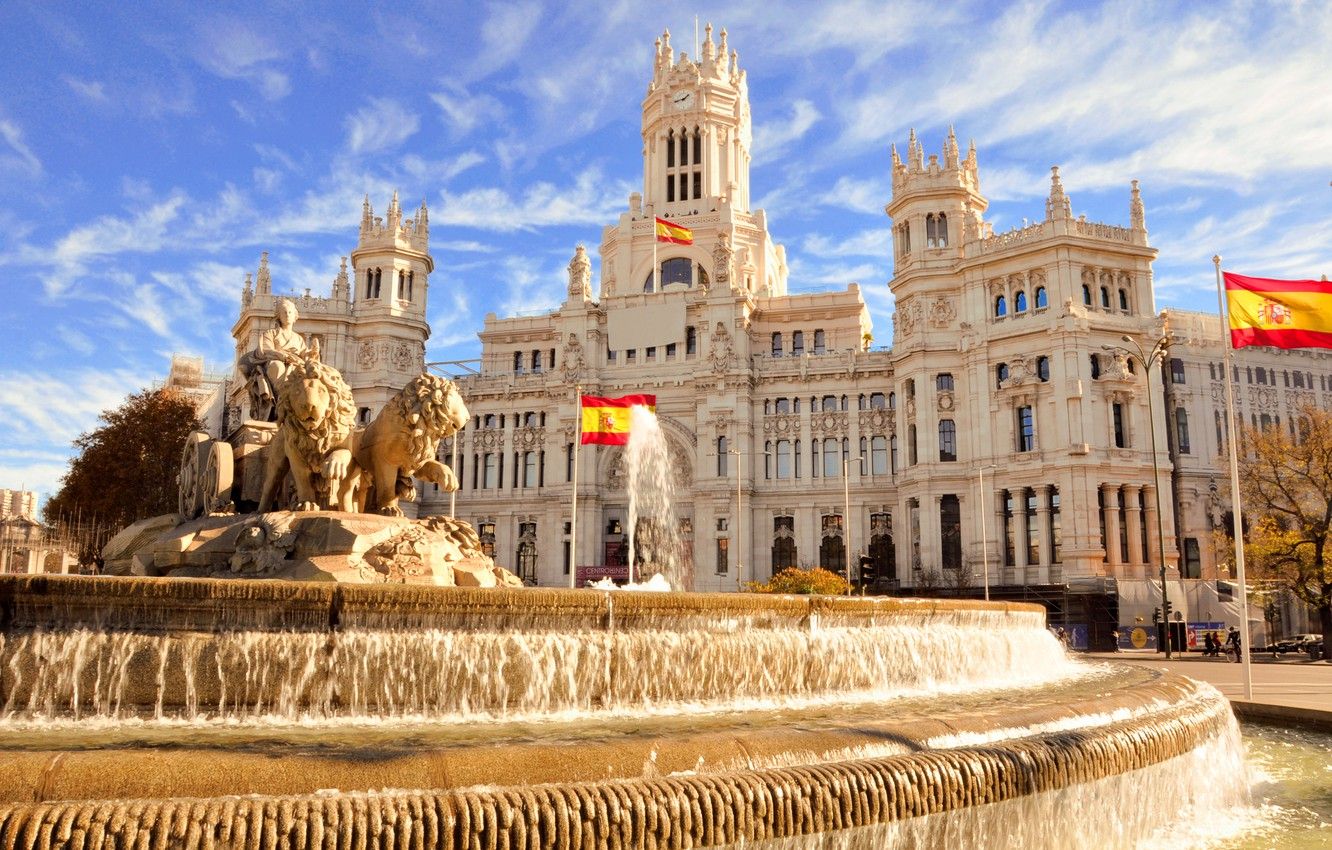 Wallpaper home, flag, fountain, Spain, Madrid image for desktop, section город
