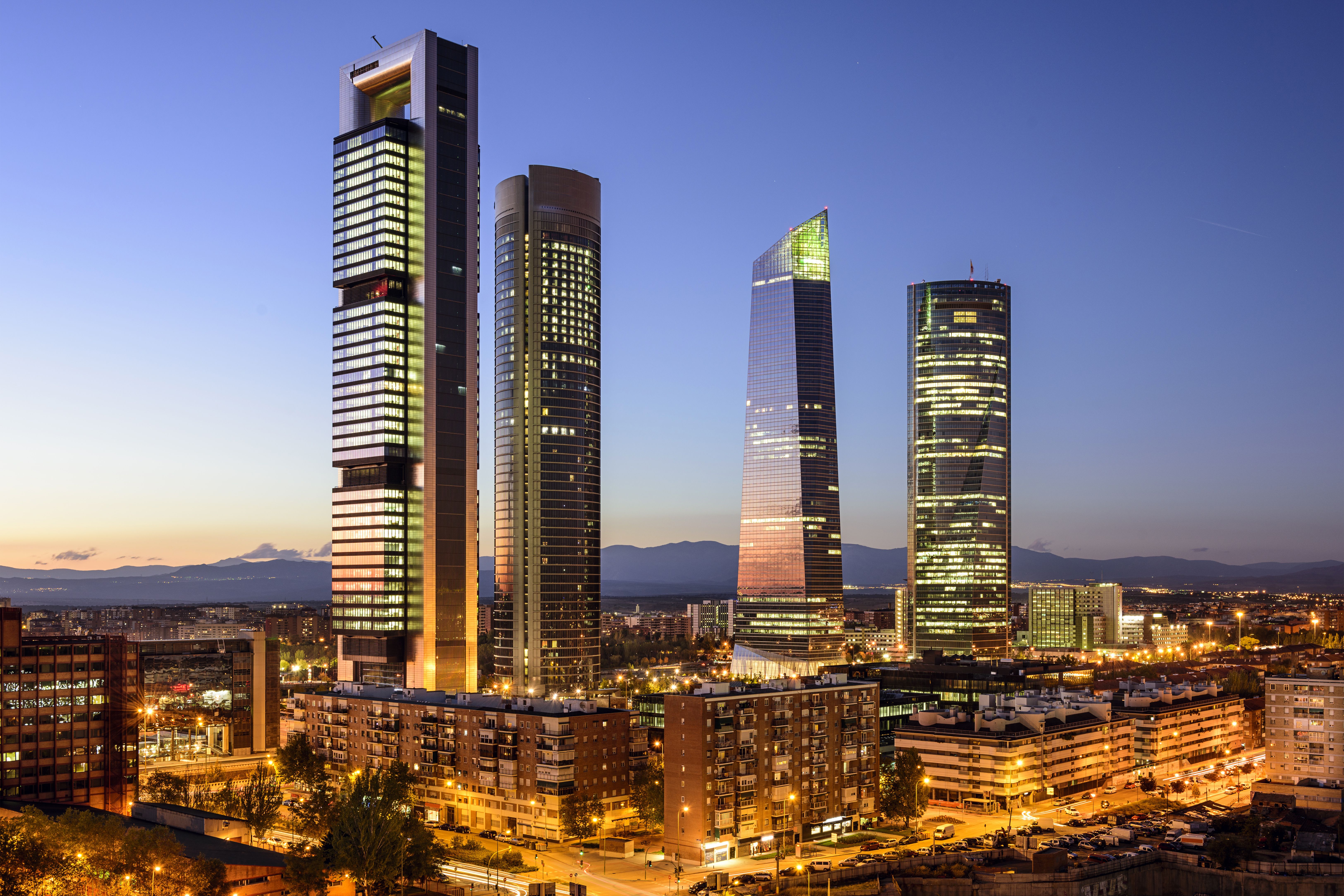 image Madrid Spain Street night time Skyscrapers Cities 6500x4334