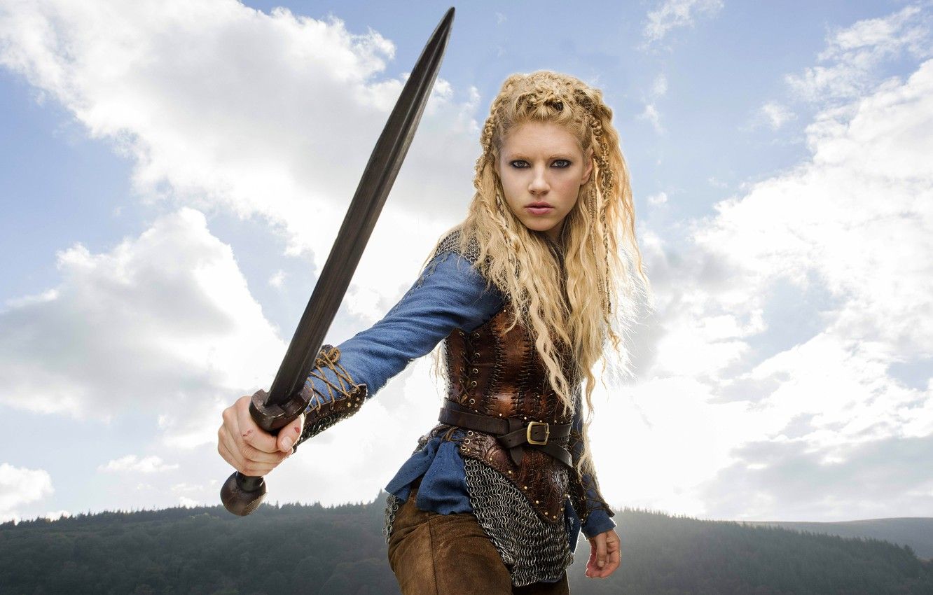 Wallpaper forest, the sky, girl, clouds, landscape, mountains, weapons, sword, hairstyle, blonde, braids, the series, mail, Vikings, The Vikings, Katheryn Winnick image for desktop, section фильмы