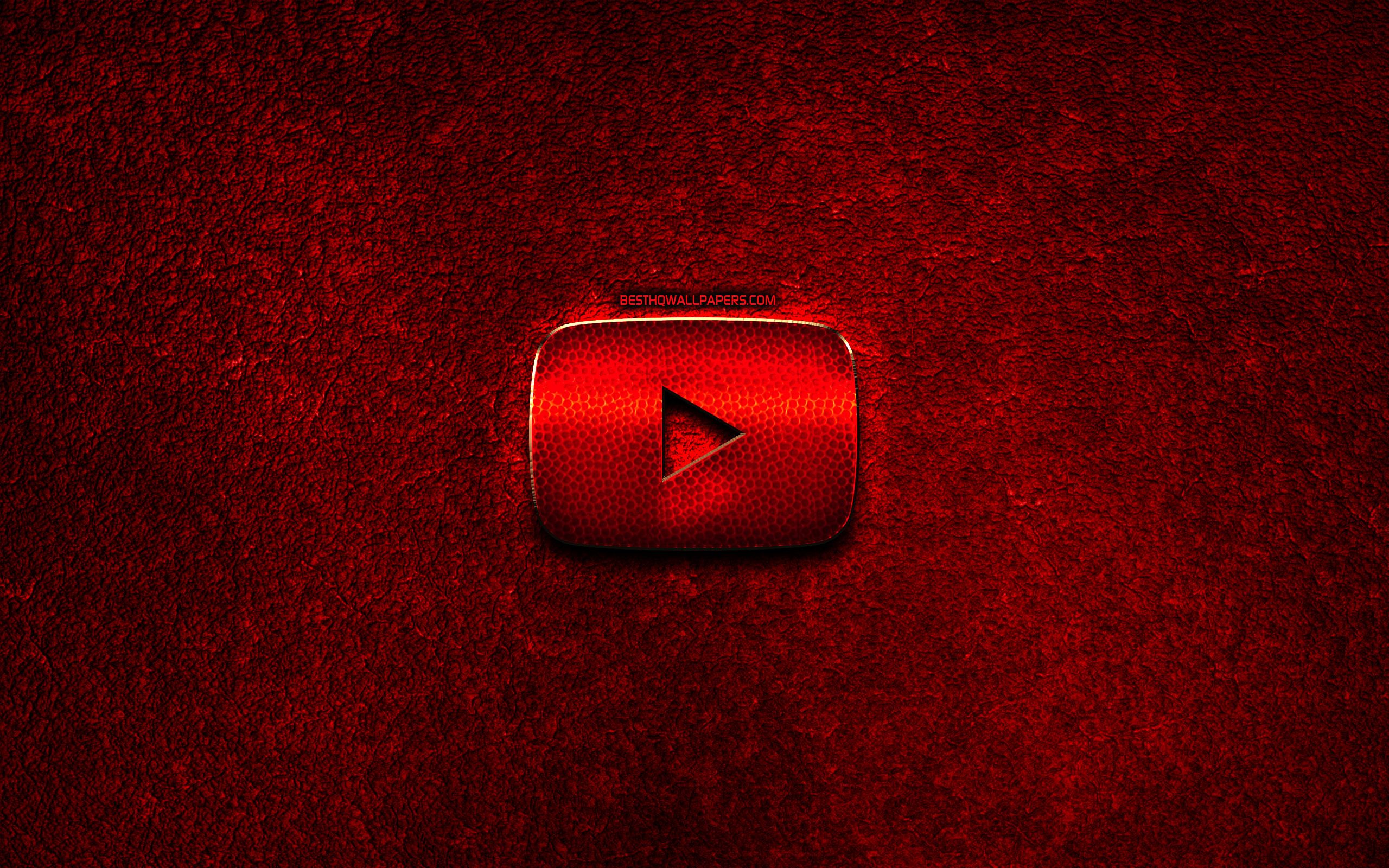 Download wallpaper Youtube logo, red stone background, creative, Youtube, brands, Youtube 3D logo, artwork, Youtube red metal logo for desktop with resolution 2560x1600. High Quality HD picture wallpaper