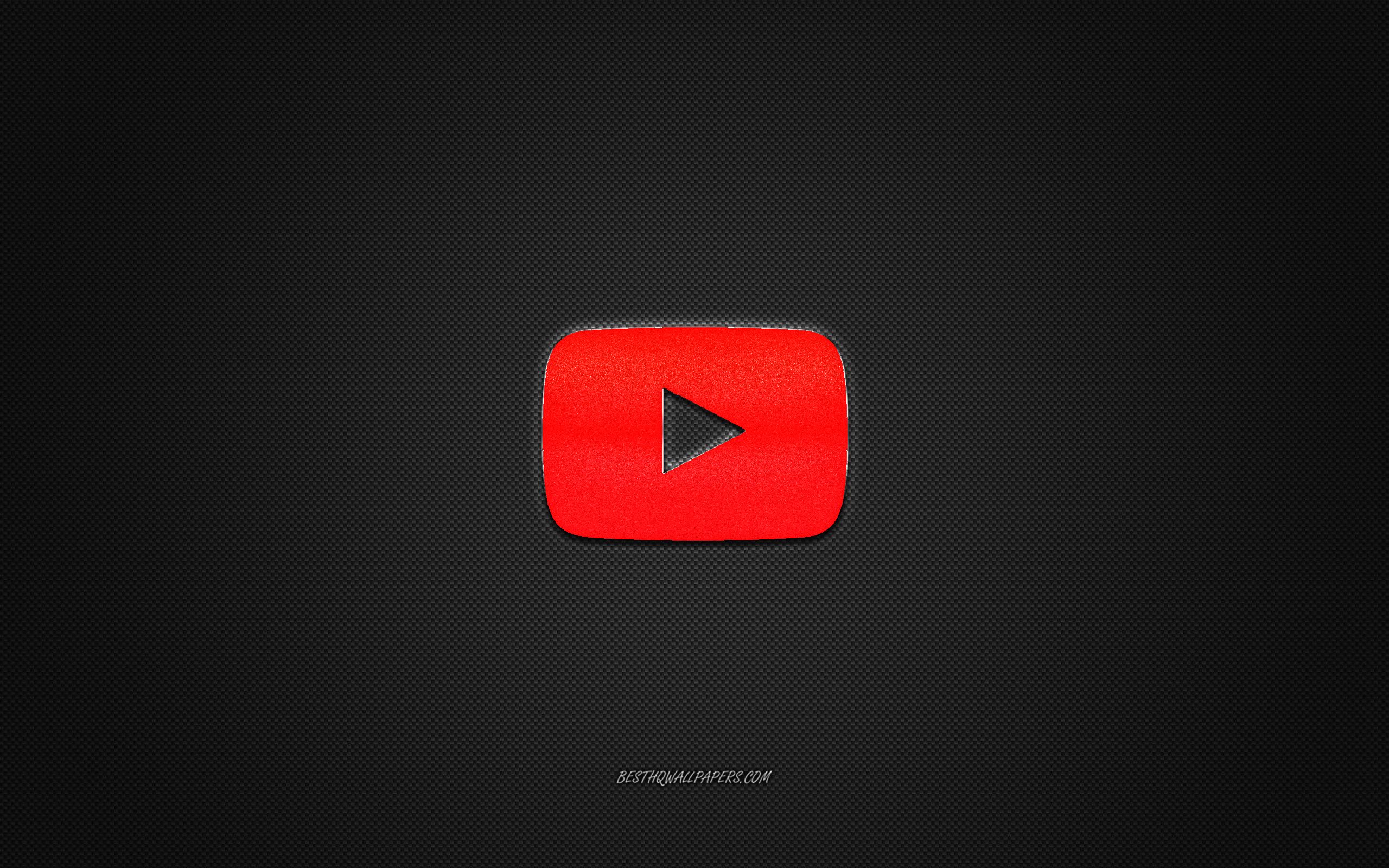Download wallpaper YouTube logo, red shiny logo, YouTube metal emblem, gray carbon fiber texture, YouTube, brands, creative art for desktop with resolution 2560x1600. High Quality HD picture wallpaper