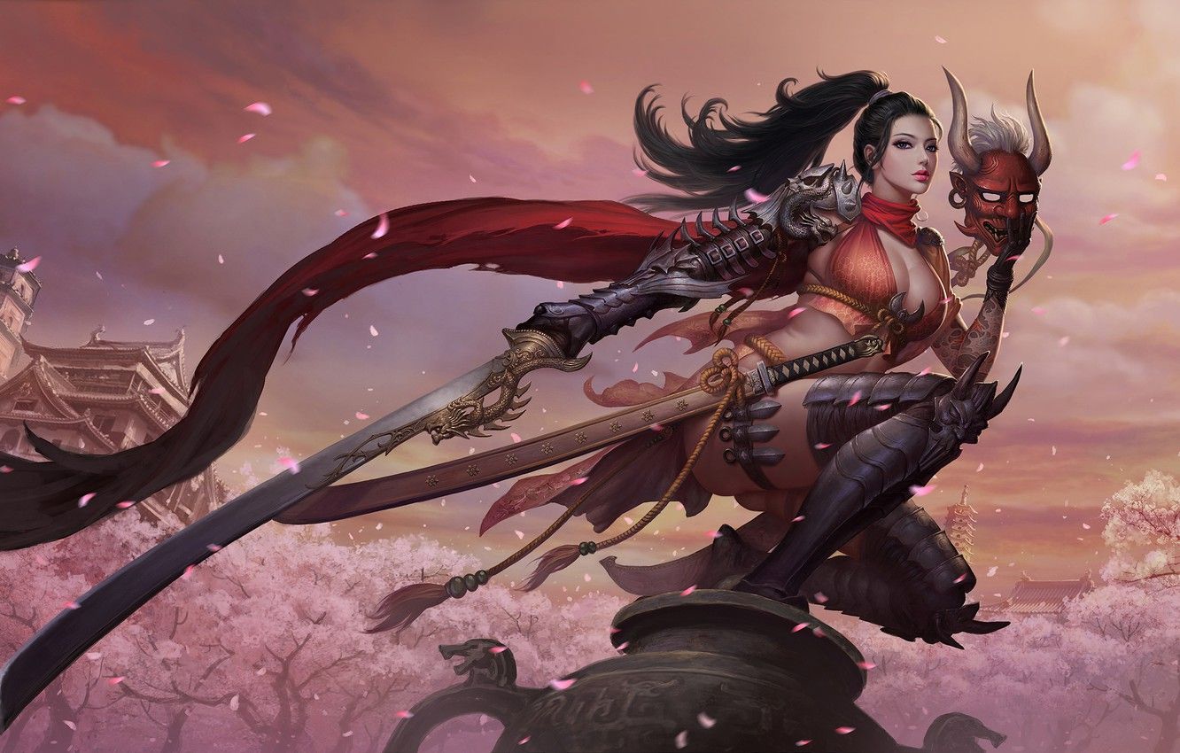 Wallpaper look, girl, pose, weapons, Japan, Sakura, mask, art, fantasy image for desktop, section фантастика