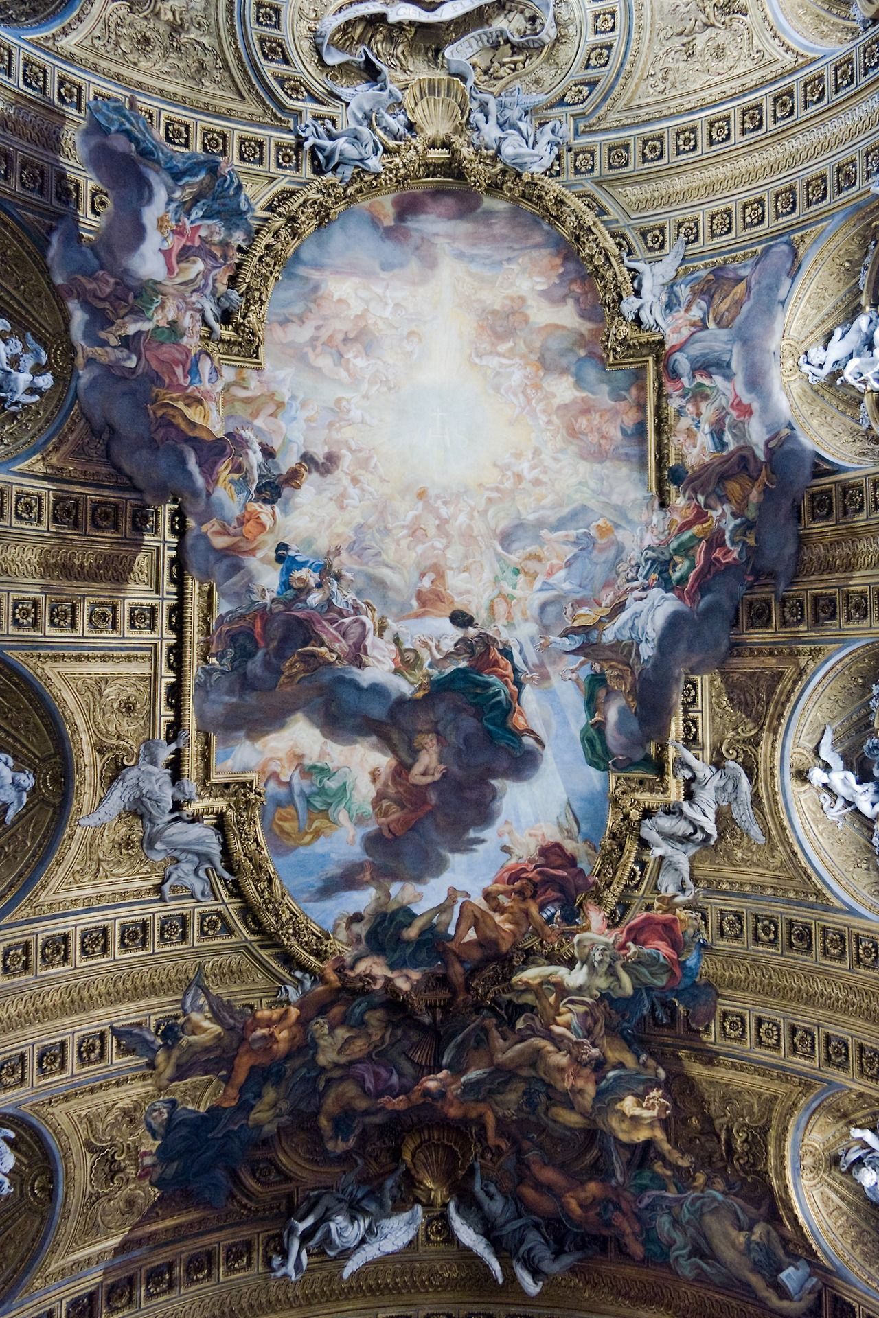 Barocco ceiling of The Church of the Gesù (Chiesa del Sacro Nome di Gesù, Rome, Italy). Art, Aesthetic art, Chanel wallpaper