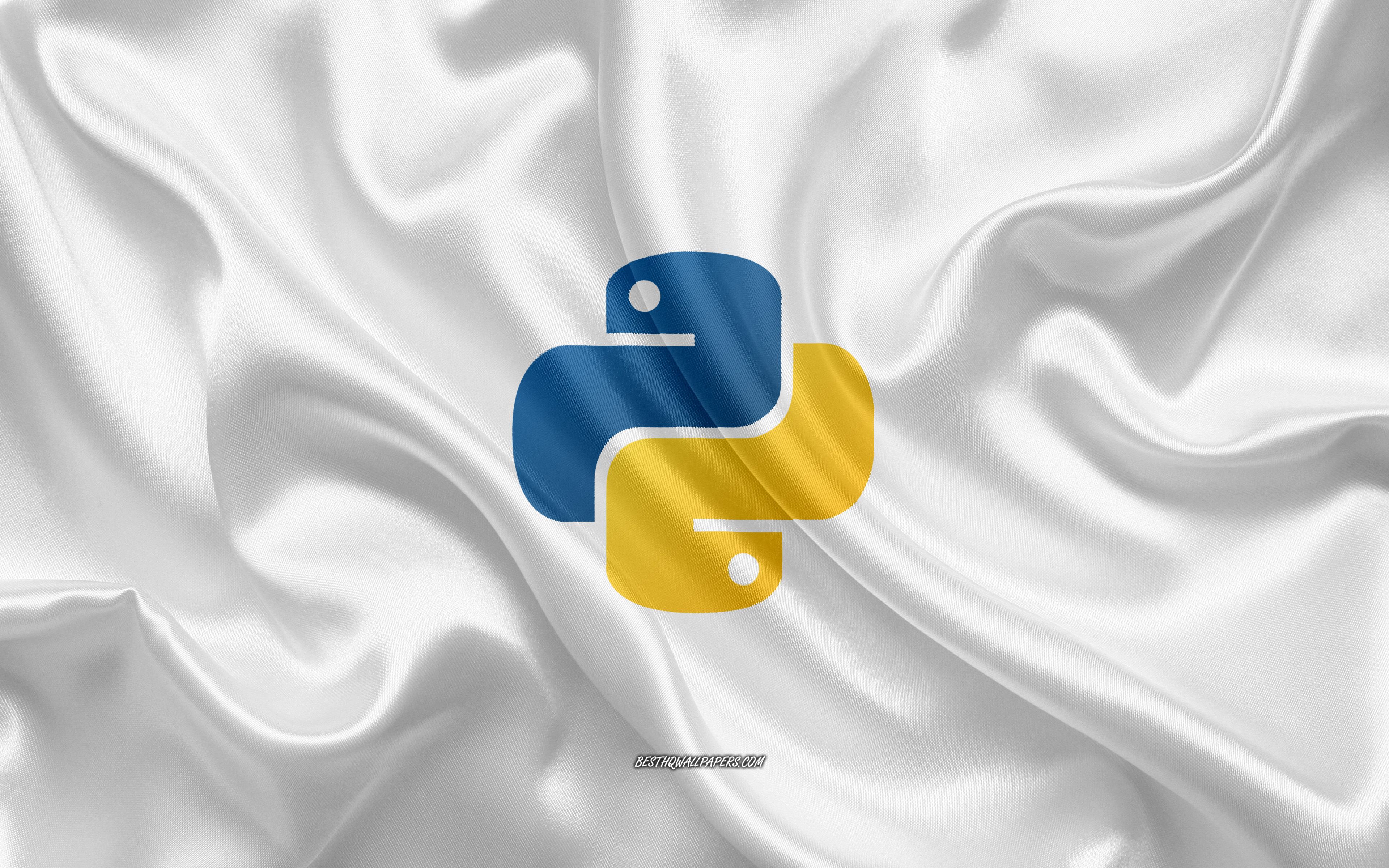 Download wallpaper Python logo, white silk texture, Python emblem, programming language, Python, silk background for desktop with resolution 3840x2400. High Quality HD picture wallpaper