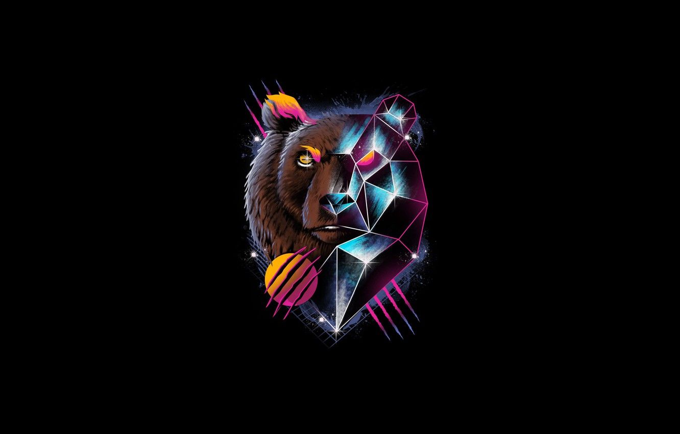 Wallpaper Minimalism, Bear, Style, Bear, Background, Face, Art, Art, Style, Neon, Background, Illustration, Minimalism, Synth, Retrowave, Trunk image for desktop, section минимализм