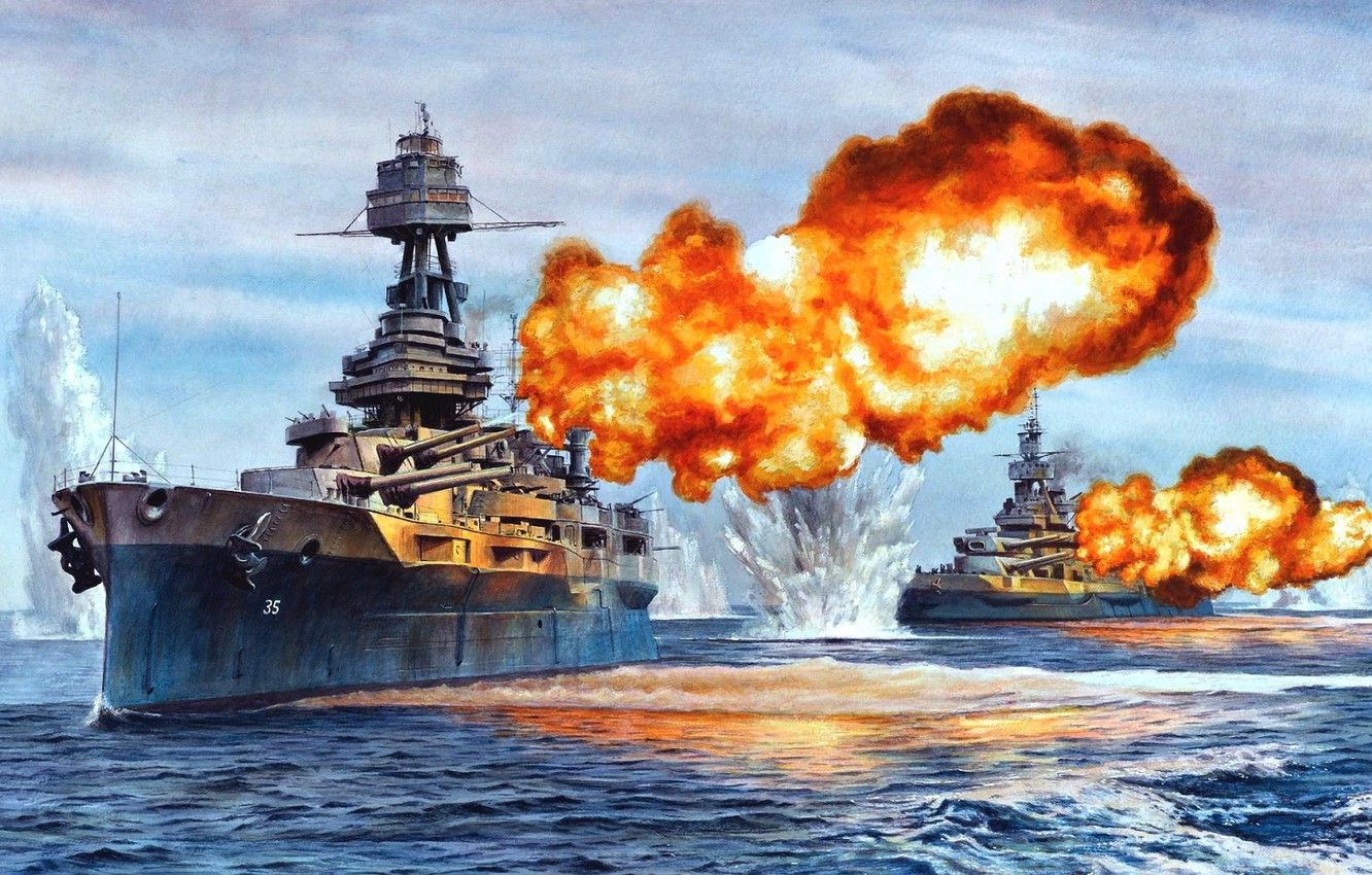 Wallpaper ship, art, Navy, the battle, American, military, battleship, Texas, USS, battleship, WW2 image for desktop, section оружие