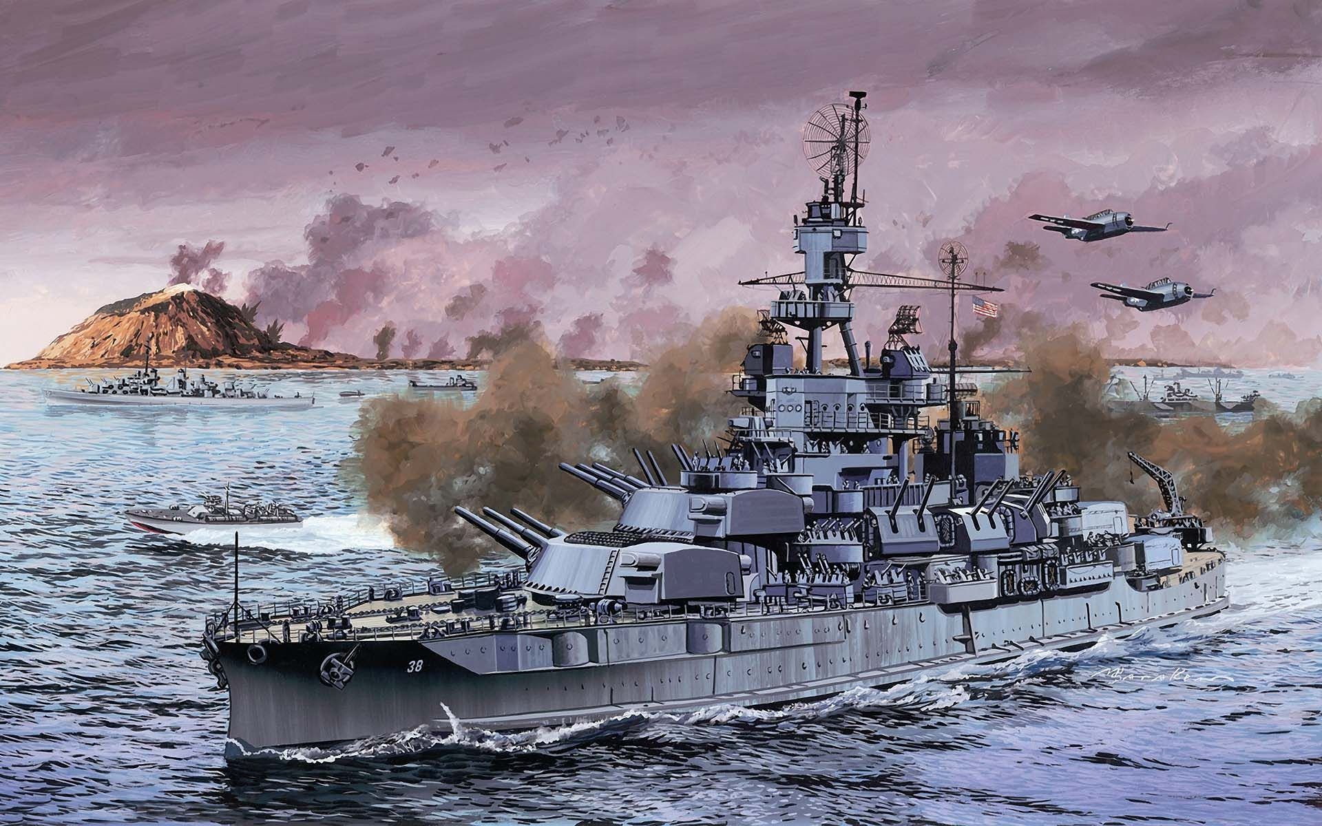 High resolution picture of battle at sea, wallpaper of battleship WW Pennsylvania