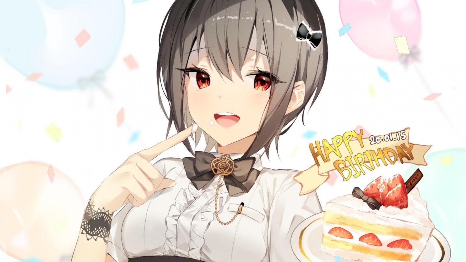 Download 1600x900 Anime Girl, Happy Birthday Cake, Short Brown Hair Wallpaper