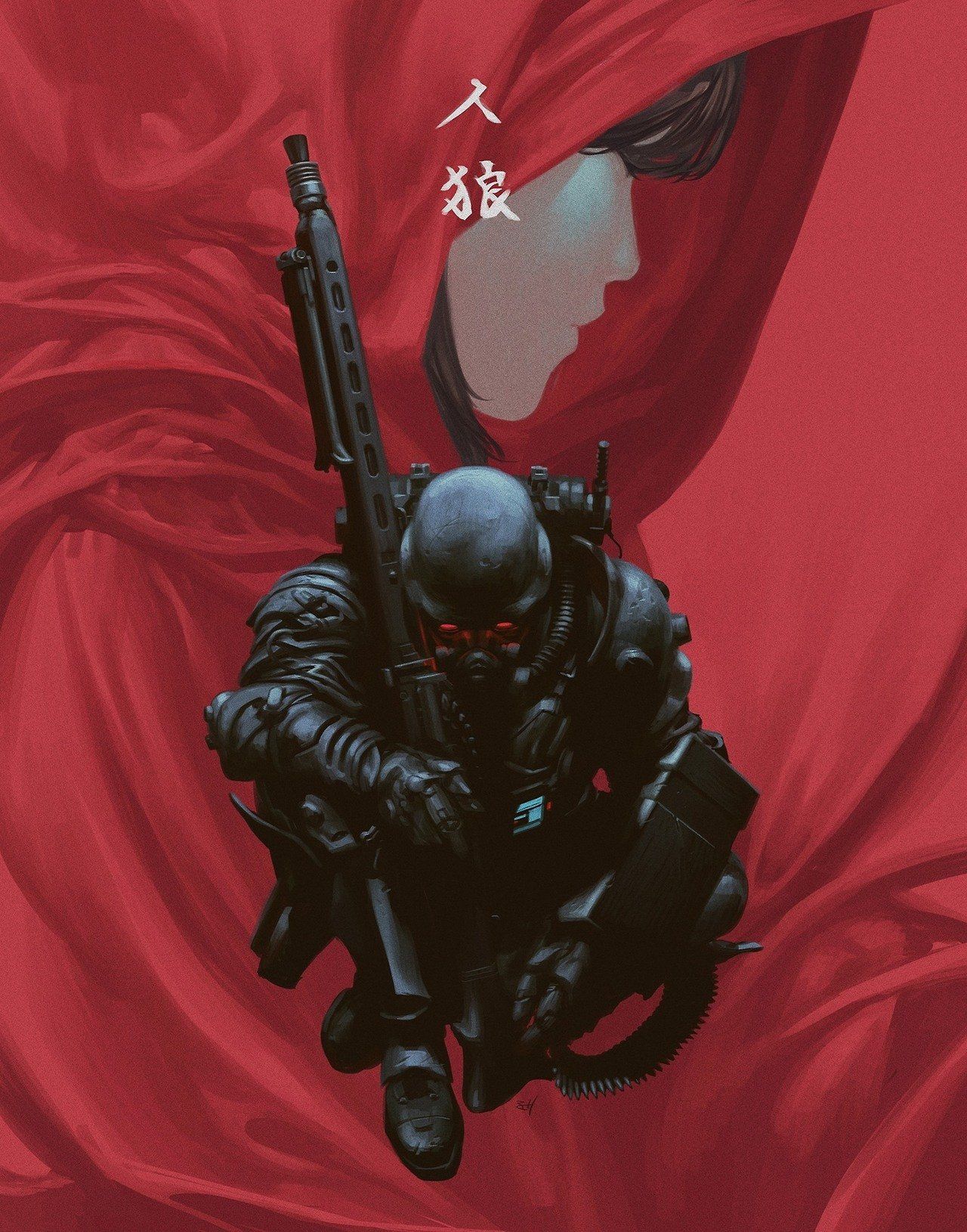 Jin Roh Wallpaper. HD Wallpaper: Anime Character Soldier Poster, Jin Roh, Red Eyes, Black, Dark