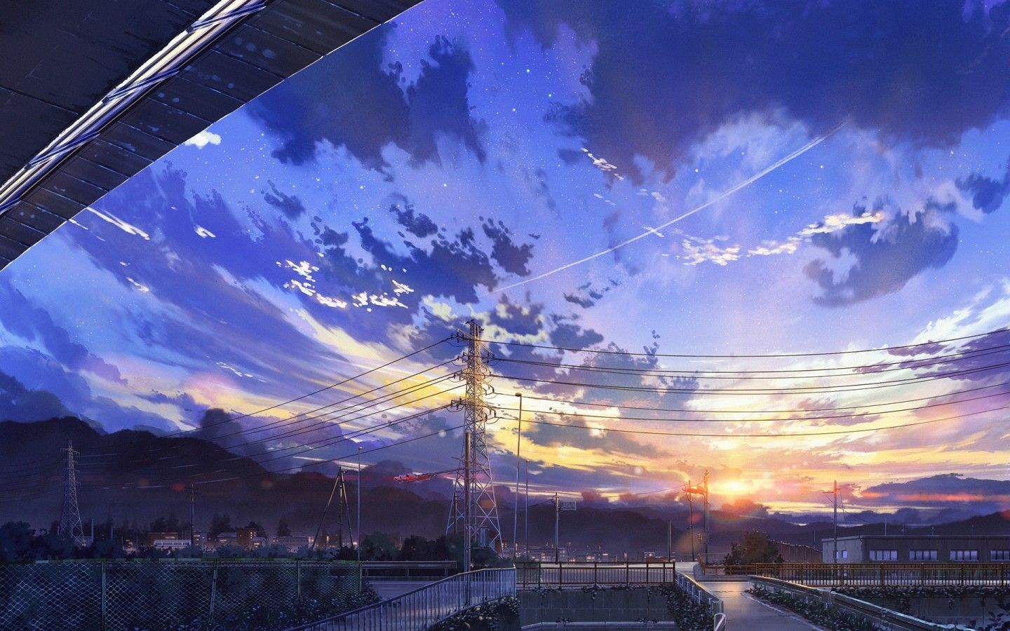 Anime Landscape, Scenery, Clouds, Stars, Buildings