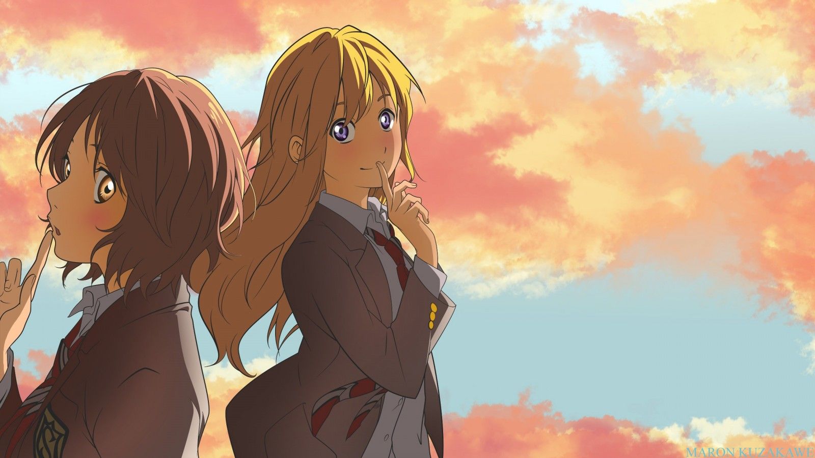 Wallpaper, illustration, anime, cartoon, Shigatsu wa Kimi no Uso, Miyazono Kaori, Sawabe Tsubaki, screenshot 2560x1440