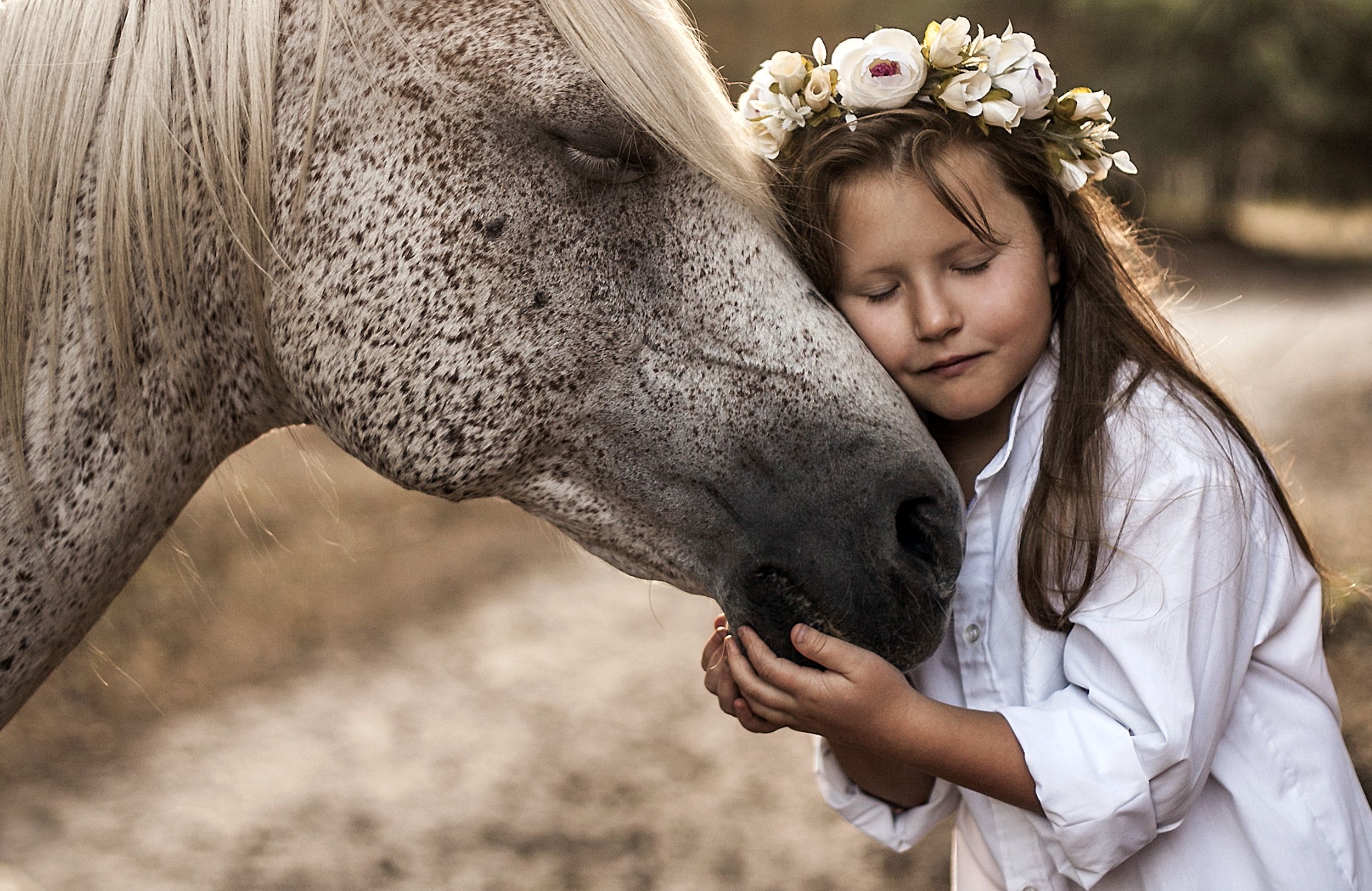 Child Girl Horse Little Girl Love Wreath Wallpaper:2500x1623