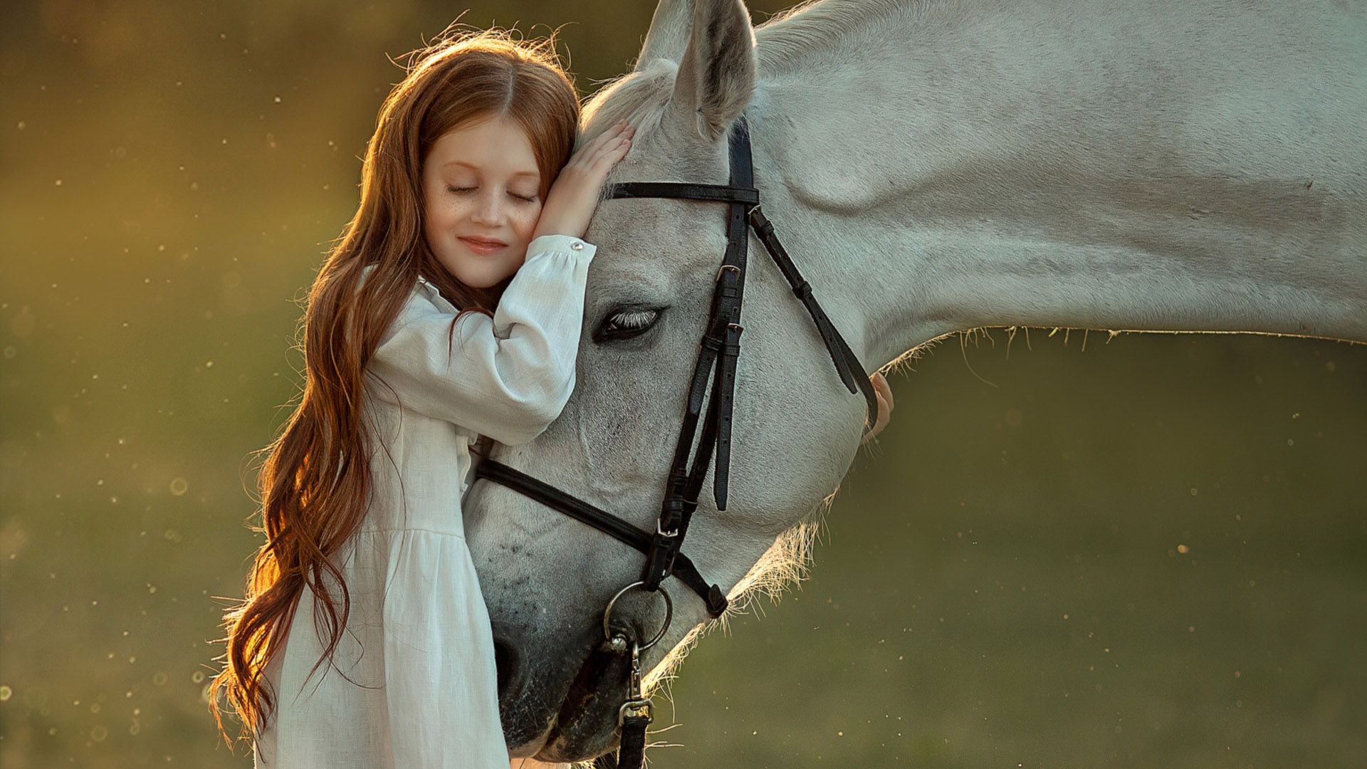 Cute Little Girl With Closed Eyes Is Leaning On White Horse Wearing White Dress In Sunlight Background HD Cute Wallpaper