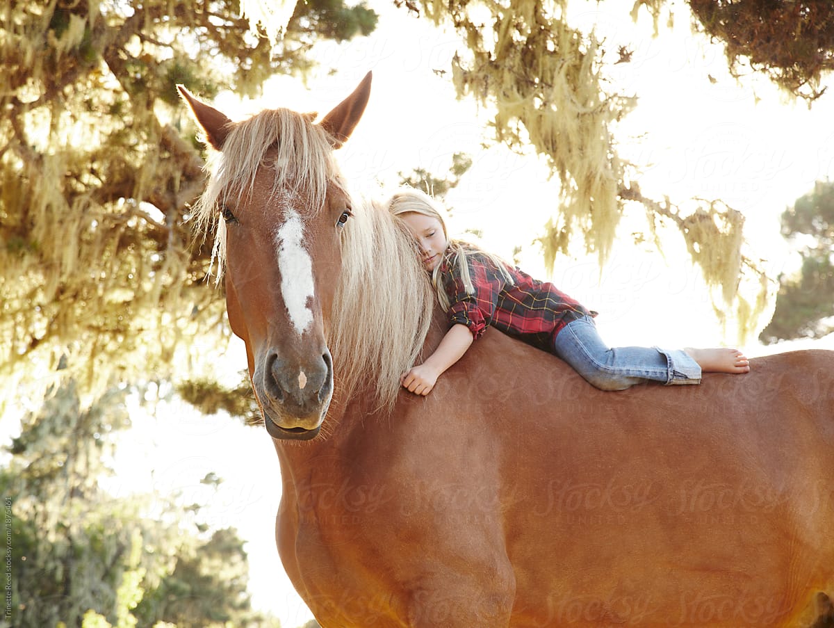Little girl riding horse in nature by Trinette Reed, Childhood