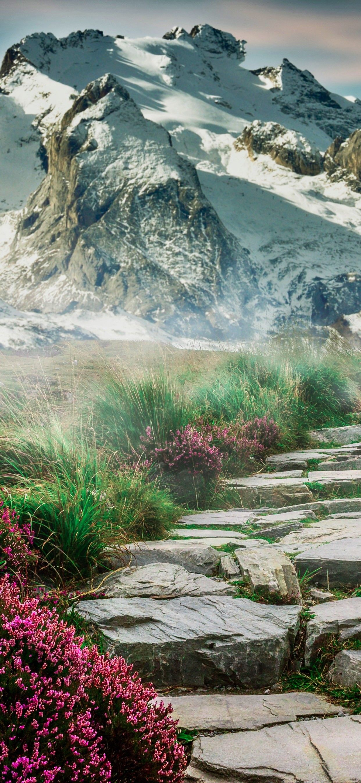 Mountains 4K Wallpaper, Path, Hill, Spring, Landscape, Scenery, Stone staircase, 5K, Nature