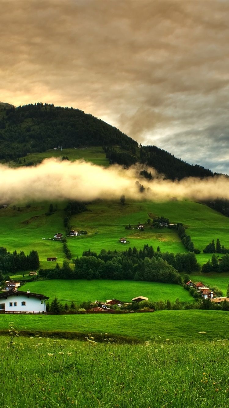 Spring Landscape, Grass, Trees, Green, Mountains, Clouds, Houses 750x1334 IPhone 8 7 6 6S Wallpaper, Background, Picture, Image