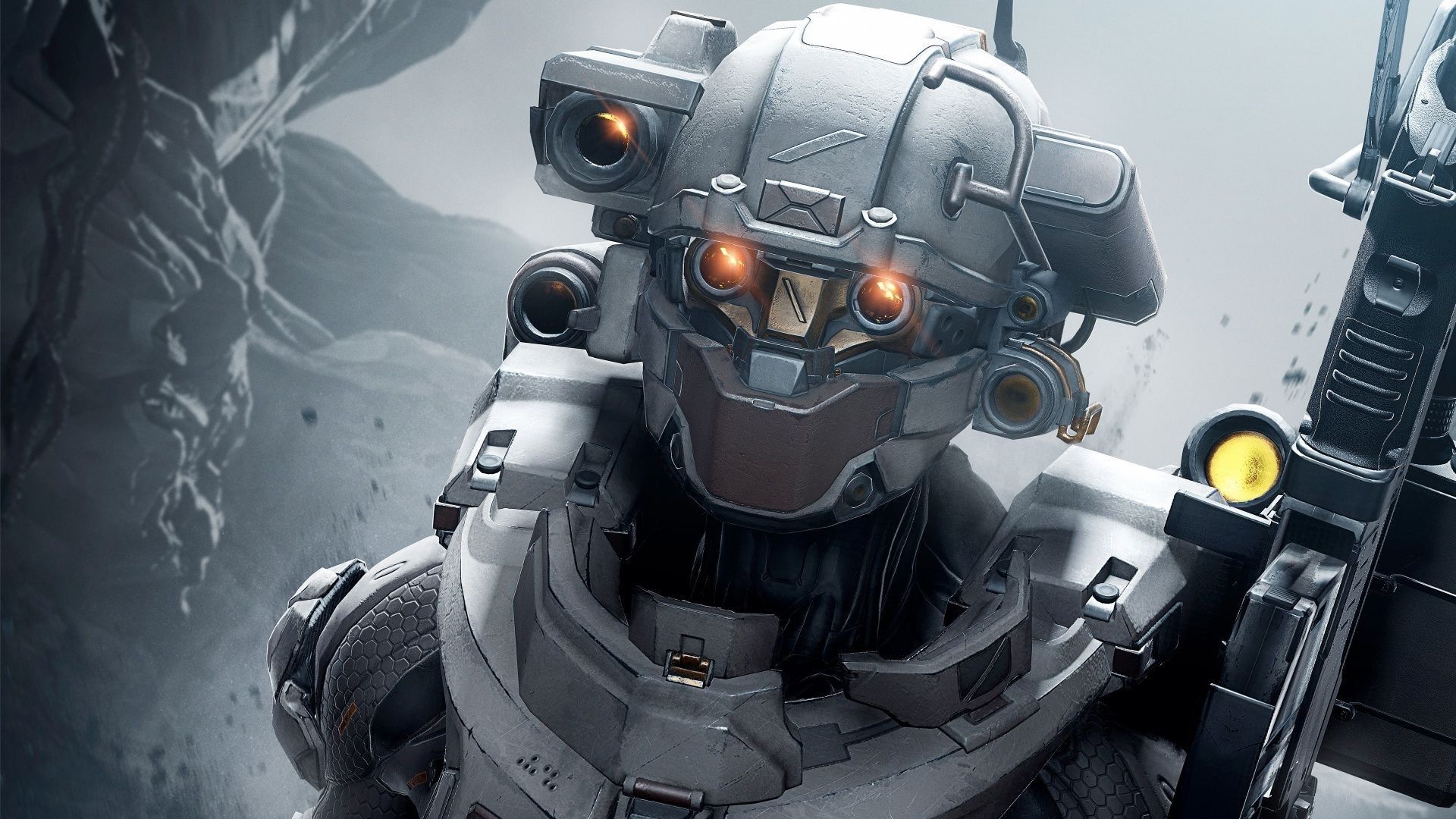 digital Art, Science Fiction, Face, Red Eyes, Armor, Gun, Video Games, Halo 5, Spartans, Master Chief, Soldier, Helmet, Linda 058, Sniper Rifle Wallpaper HD / Desktop and Mobile Background