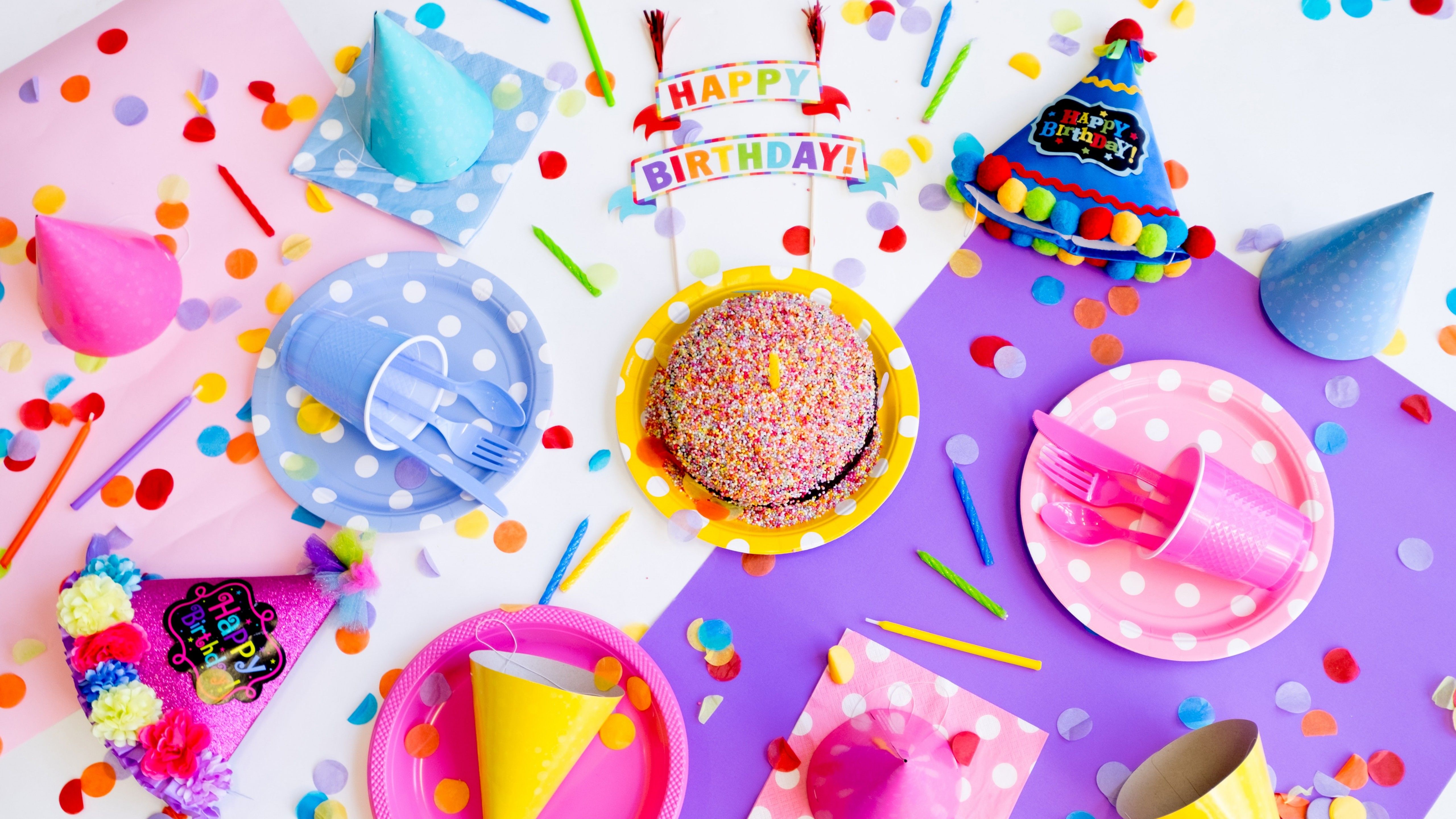 Happy Birthday 4K Wallpaper, Birthday party, Birthday decoration, Cake, Colorful, 5K, Celebrations