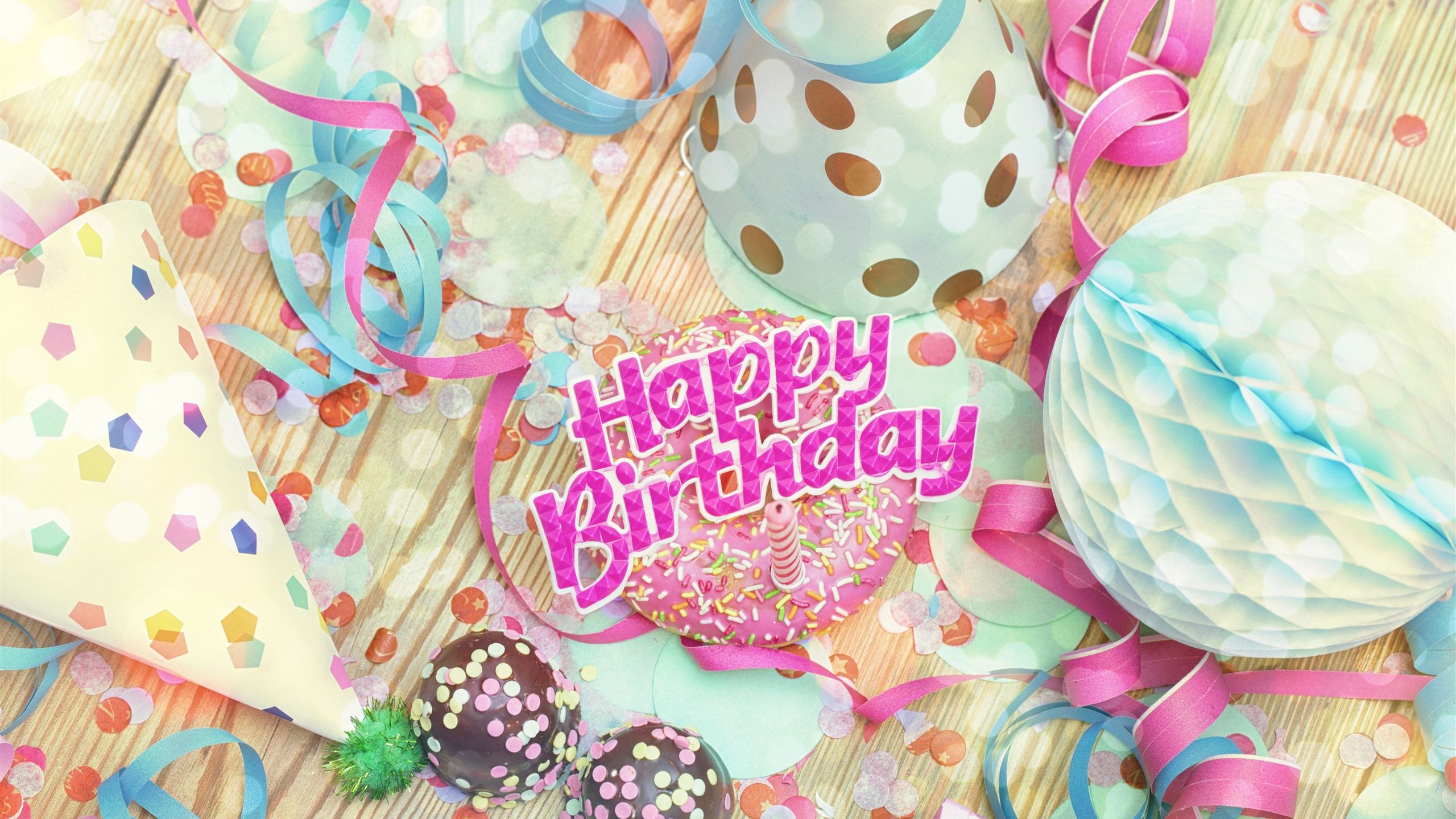 Wallpaper Happy Birthday, decoration, hat, ribbons, chocolate ball 5120x2880 UHD 5K Picture, Image