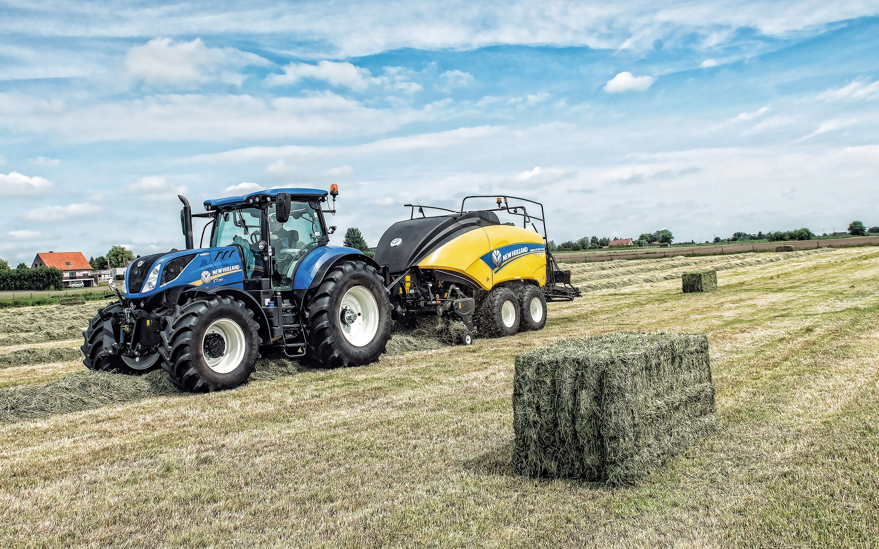 Download wallpaper New Holland T7260, tractor, New Holland BigBaler 890 Plus CropCutter, harvesting concepts, field, agricultural machinery, New Holland for desktop with resolution 2880x1800. High Quality HD picture wallpaper