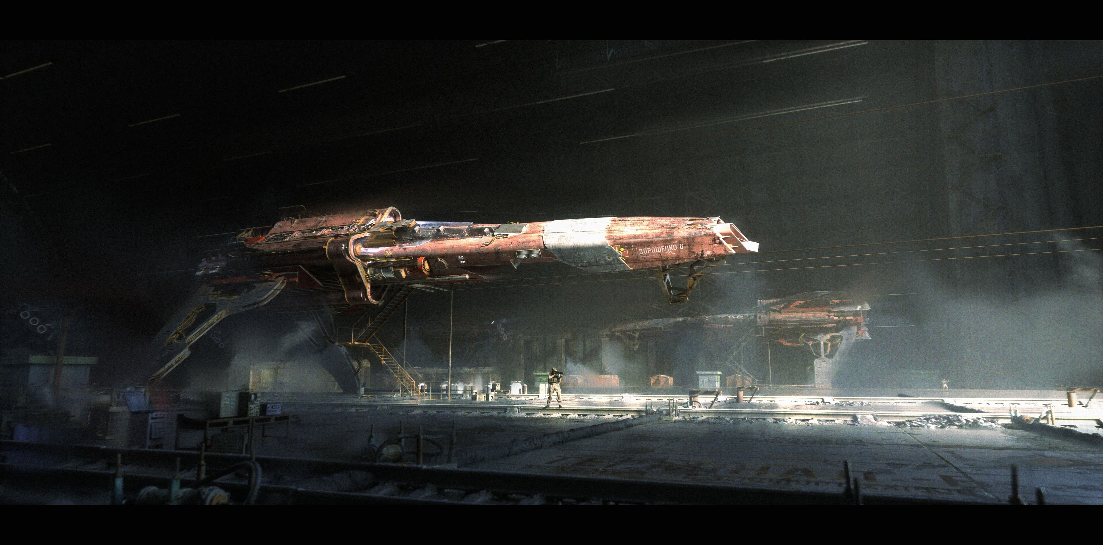 Spaceship Science Fiction Cyberpunk Dieselpunk Fantasy Art Aircraft Wallpaper:3840x1898