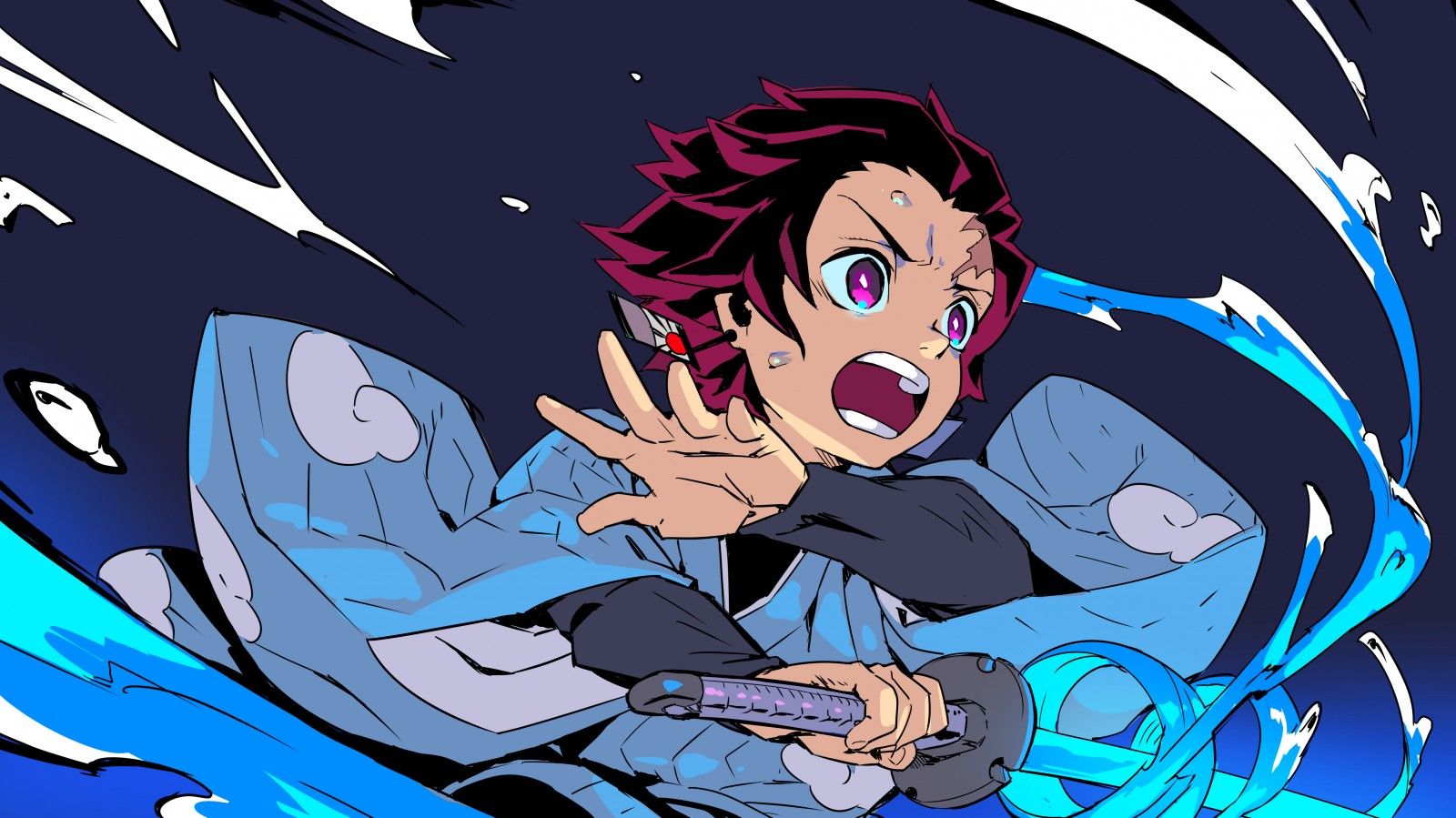 Wallpaper, Kamado Tanjir, Kimetsu no Yaiba, manga, anime boys, hunter, men, kimono, katana, weapon, screaming, open mouth, artwork, drawing, colorful, illustration, 2D, digital art, fan art, Kuro Ye 4667x2625