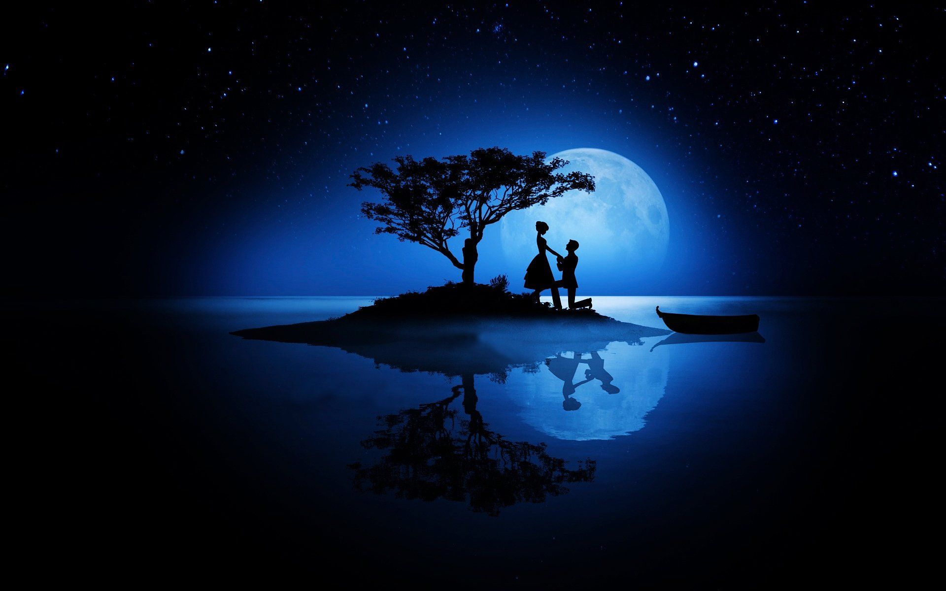 Wallpaper, 1920x1200 px, boat, couple, day, happy, lake, love, married, me, Moon, night, reflected, reflection, romance, silhouettes, sky, stars, tree, Valentineand039s, vector, water 1920x1200