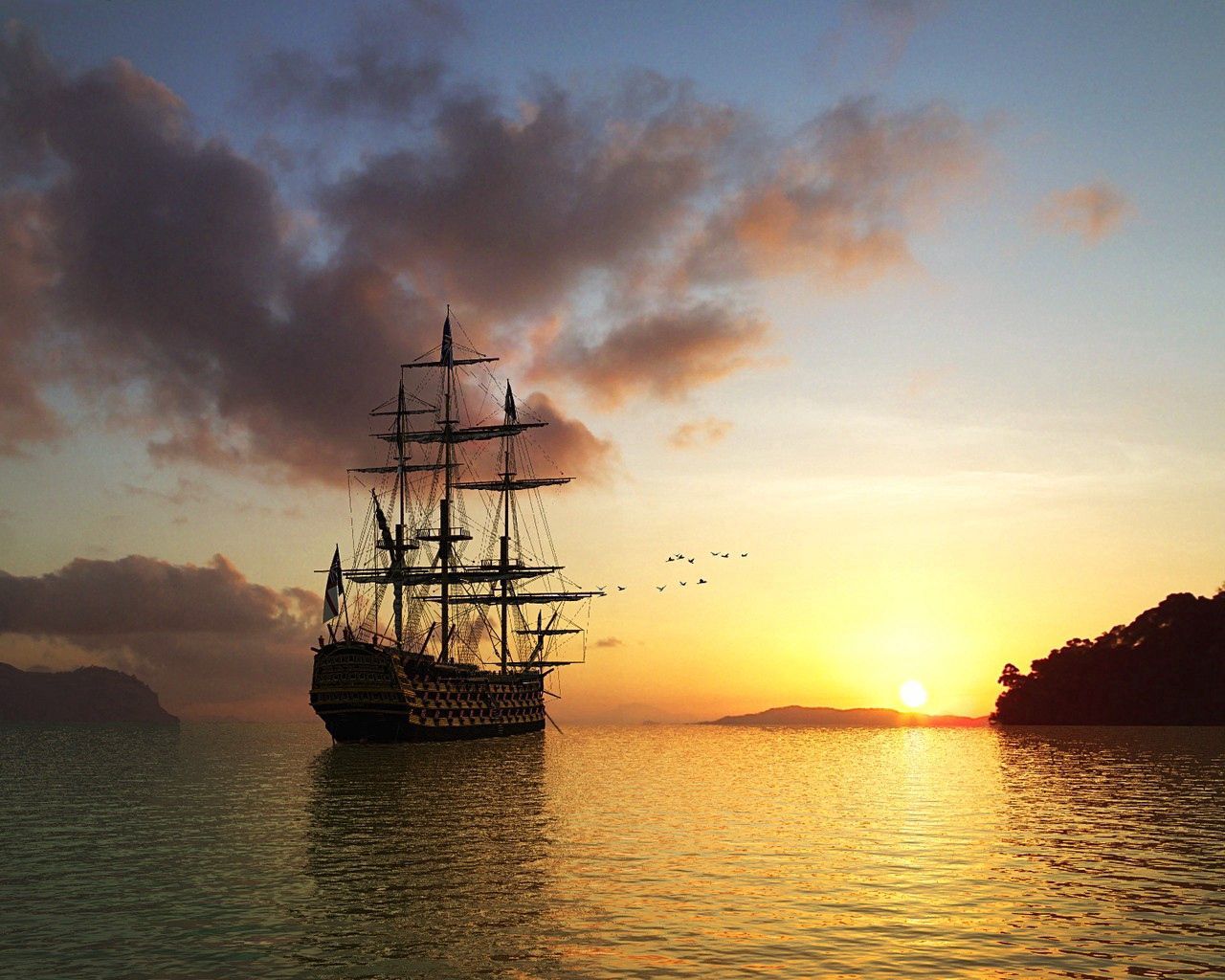 Download wallpaper 1280x1024 sun, rising, morning, ship, sea, birds HD background