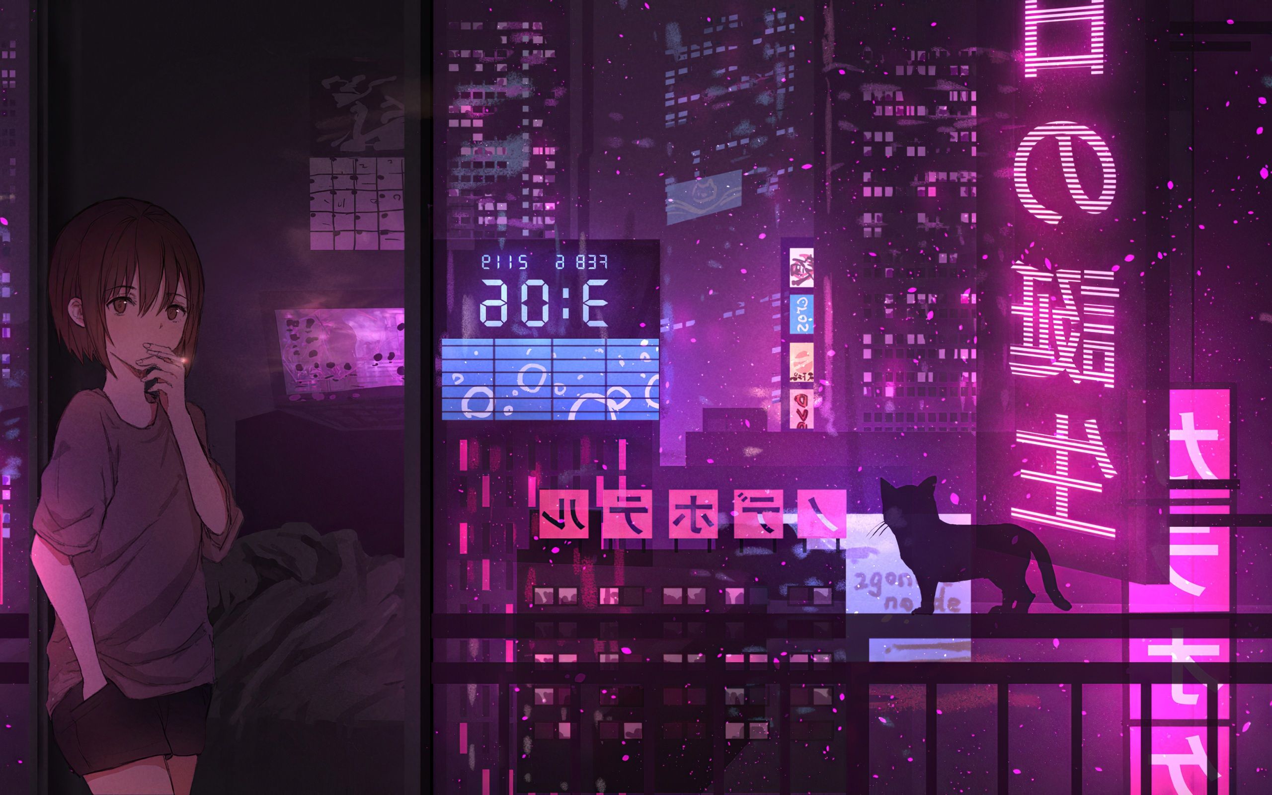 Wallpaper 4k Neon Night Anime Girl Cat