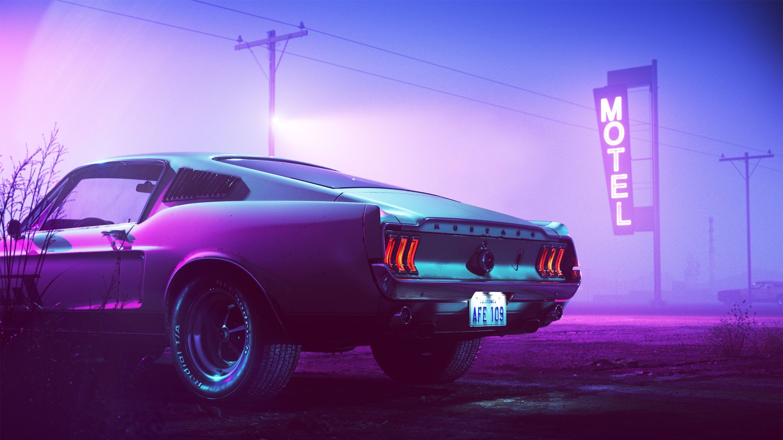 Wallpaper 1969 Ford Mustang car back view, motel, neon, night 2560x1440 QHD Picture, Image