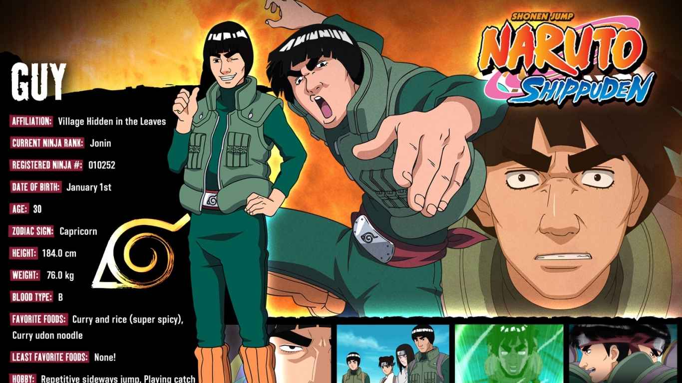 Naruto, Rock Lee, Hyuuga Neji, Tenten, Might Guy, Inscription