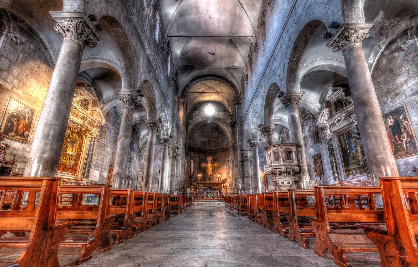 Wallpaper hdr, Italy, columns, architecture, religion, Tuscany, the nave, Lucca, the Church of San Michele in Foro image for desktop, section интерьер