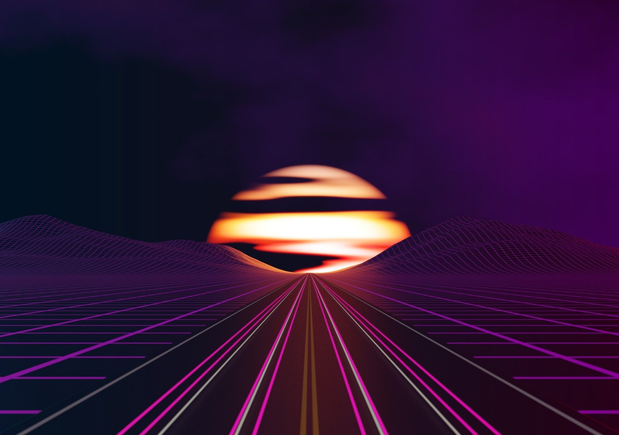 Download 2048x1440 Synthwave Road, Moon, Neon Light, Mountains Wallpaper