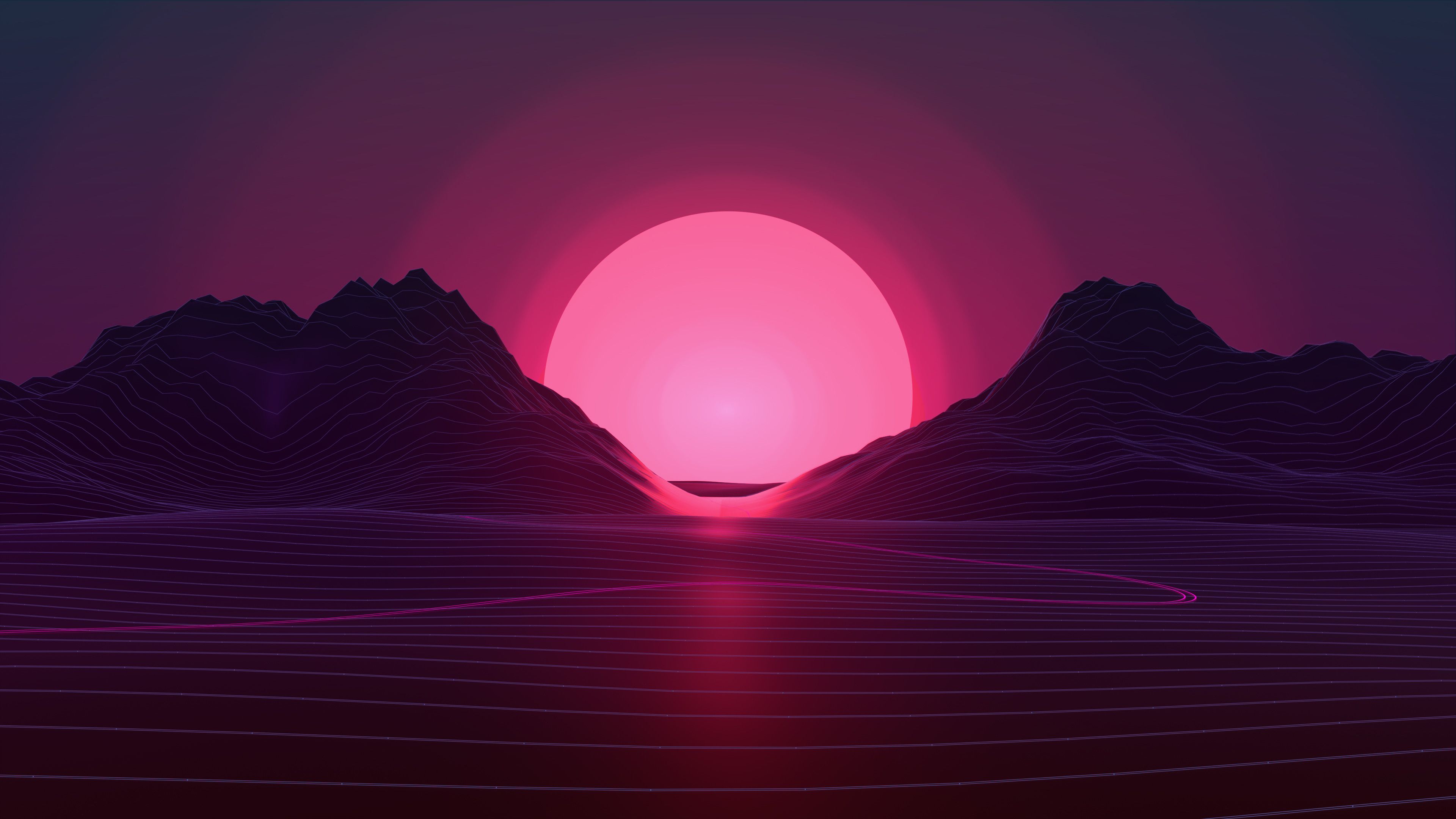 Desktop Wallpaper Sunset, Digital Art, Neon Pink, Mountains, 4k, HD Image, Picture, Background, 94b041
