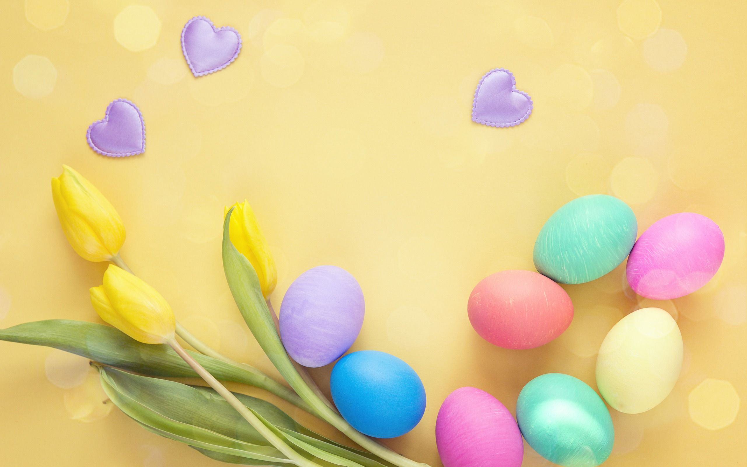 Download wallpaper Easter eggs, yellow background, painted eggs, April April Easter, yellow tulips, postcard background, spring flowers for desktop with resolution 2560x1600. High Quality HD picture wallpaper