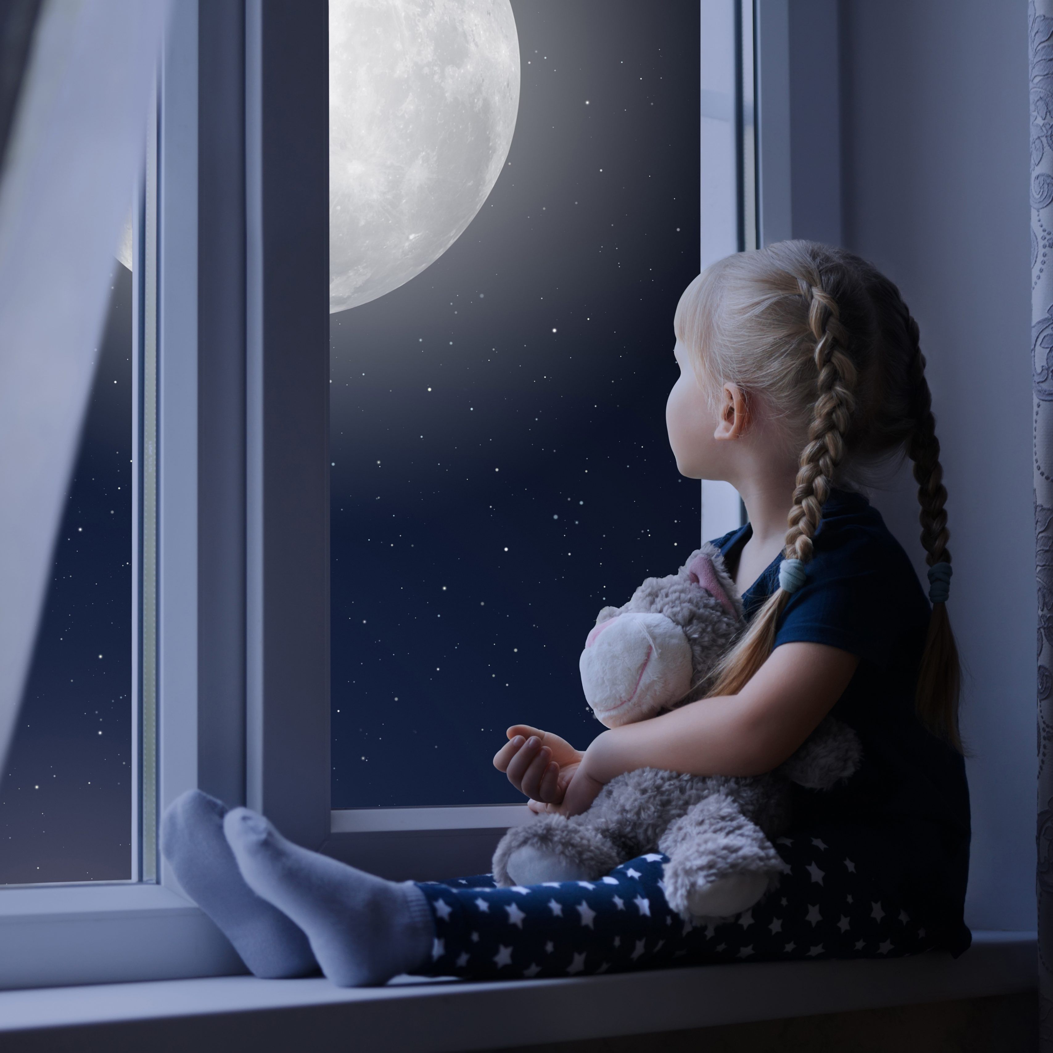 Little Girl Sad Window Teddybear Night Moon 8K Wallpaper