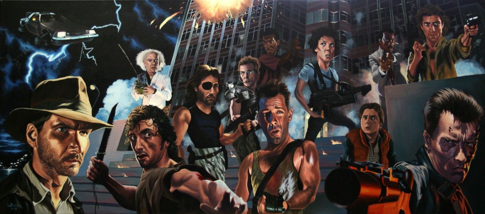 Wallpaper, 3000x1323 px, Alien movie, Back to the Future, caricature, Die Hard, Escape from New York, Hollywood, Indiana Jones, movies, Rambo, Terminator 3000x1323