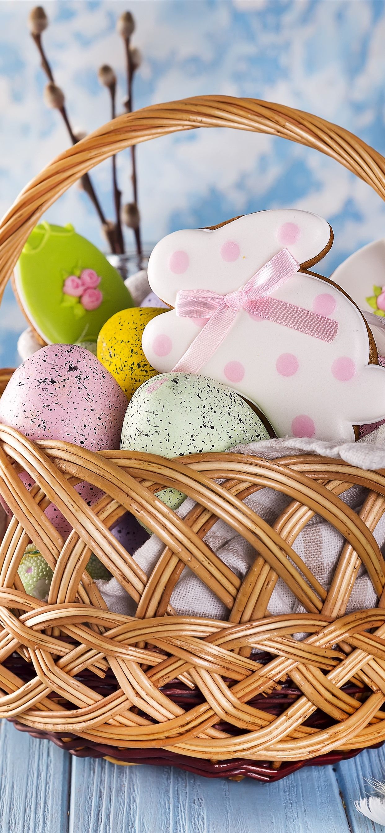 Happy Easter, Basket, Colorful Eggs, Rabbit Shape Cookies 1242x2688 IPhone 11 Pro XS Max Wallpaper, Background, Picture, Image