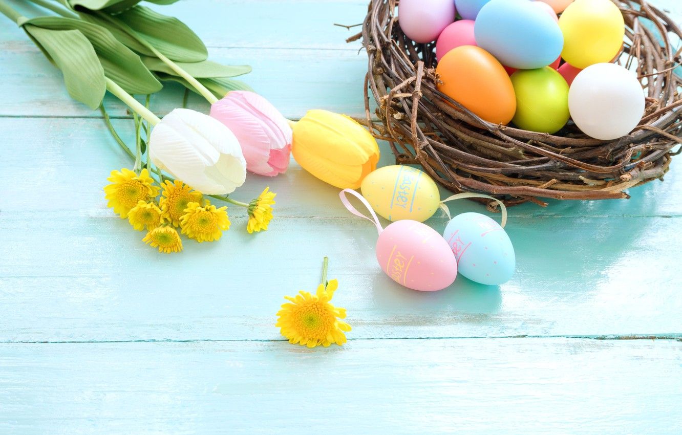 Wallpaper flowers, basket, eggs, spring, colorful, Easter, tulips, wood, pink, flowers, tulips, spring, Easter, eggs, decoration, Happy image for desktop, section праздники