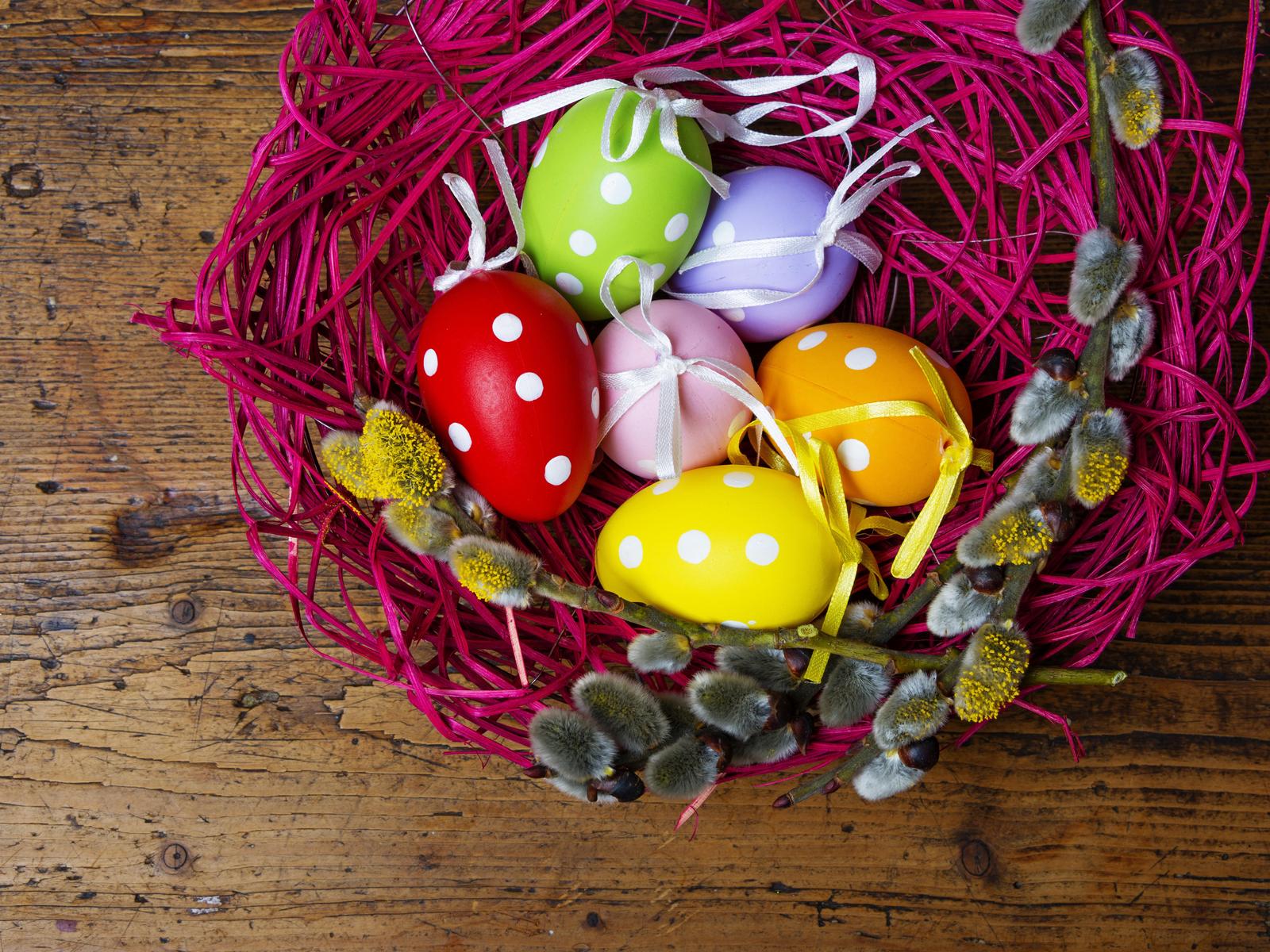 Purple basket with Easter eggs spring Holidays