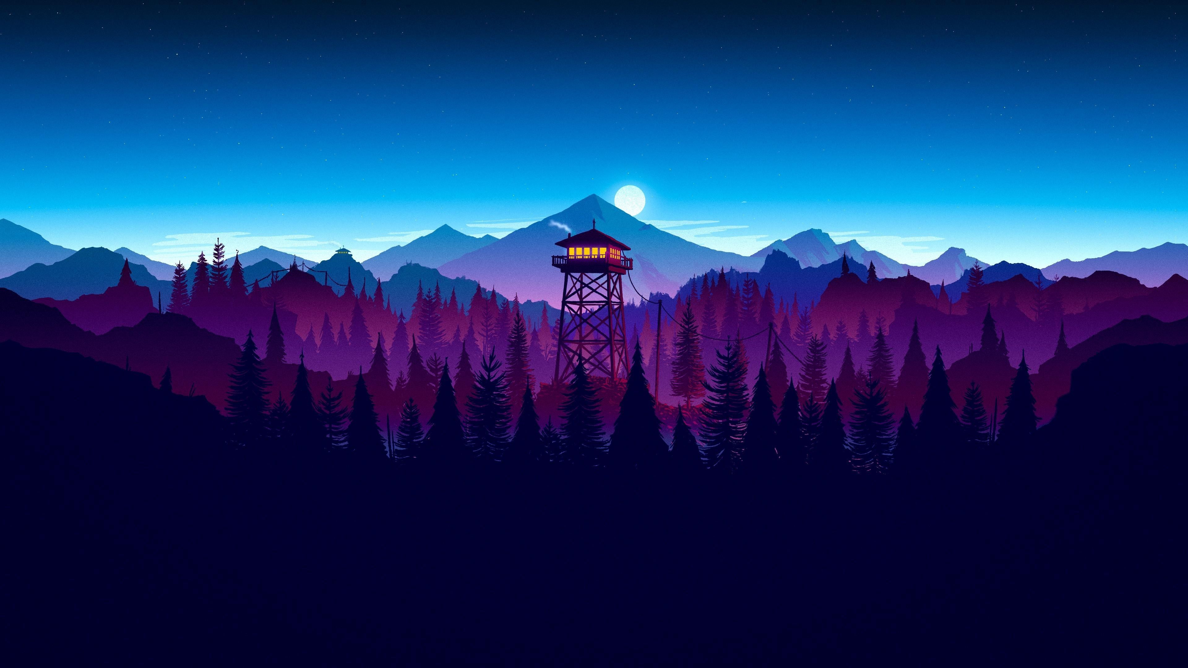 Wallpaper Watchtower, moon, mountains, forest, art picture 3840x2160 UHD 4K Picture, Image